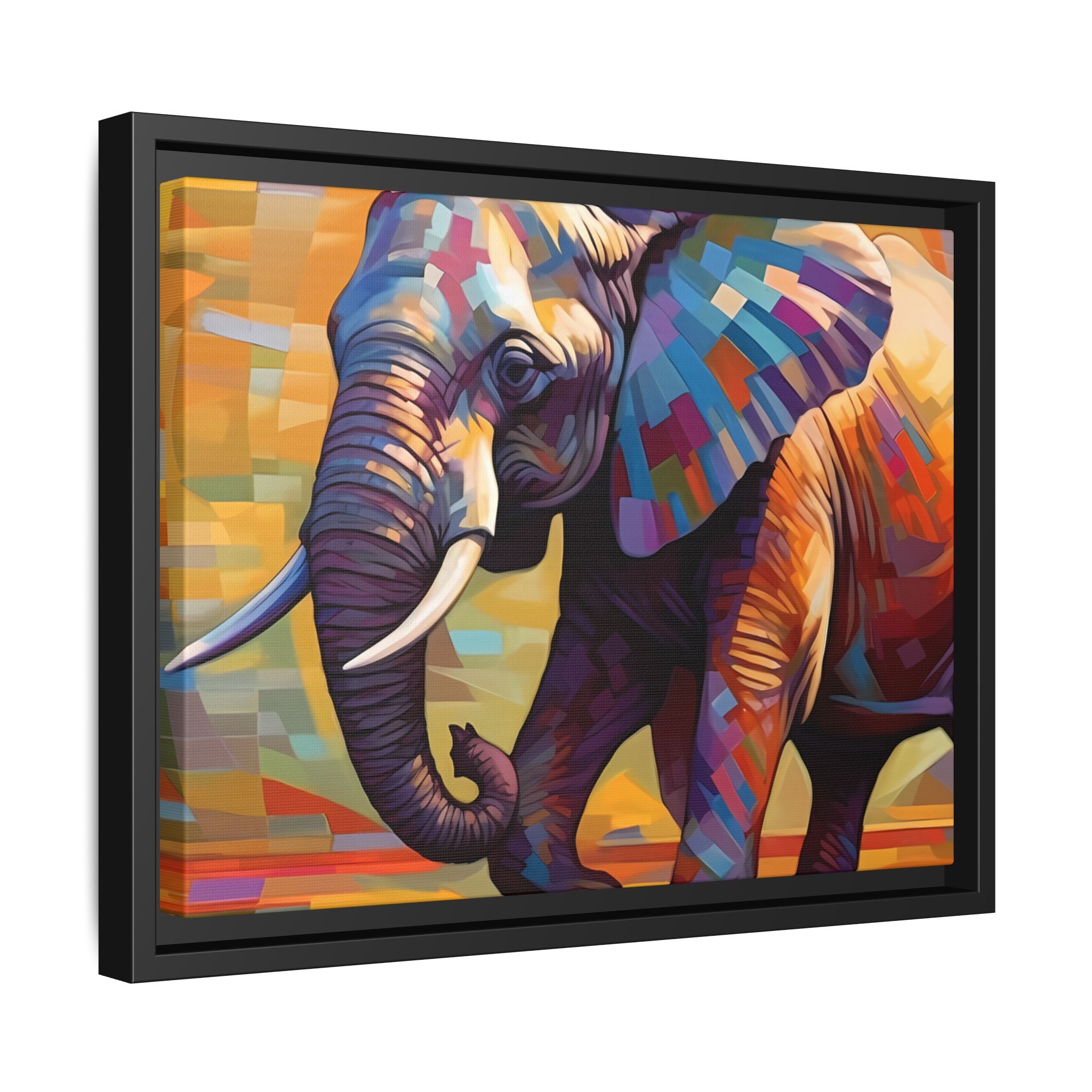 Whimsical Breezes: "Elephant in a Colorful Wind", Giclée on Matte Canvas in Black Frame