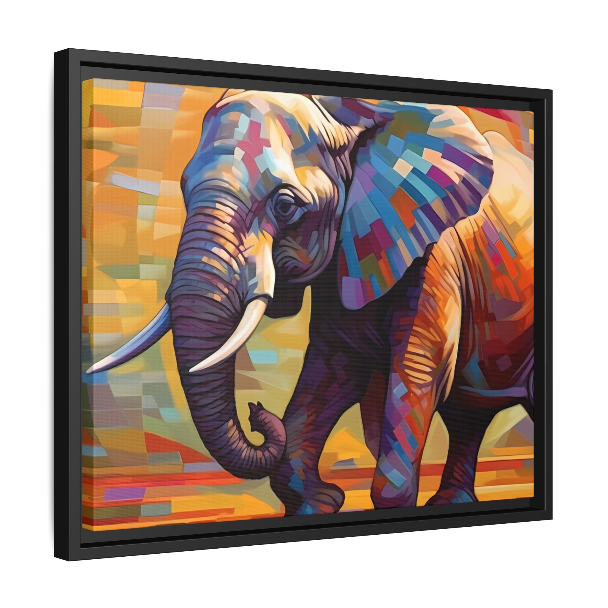 Whimsical Breezes: "Elephant in a Colorful Wind", Giclée on Matte Canvas in Black Frame