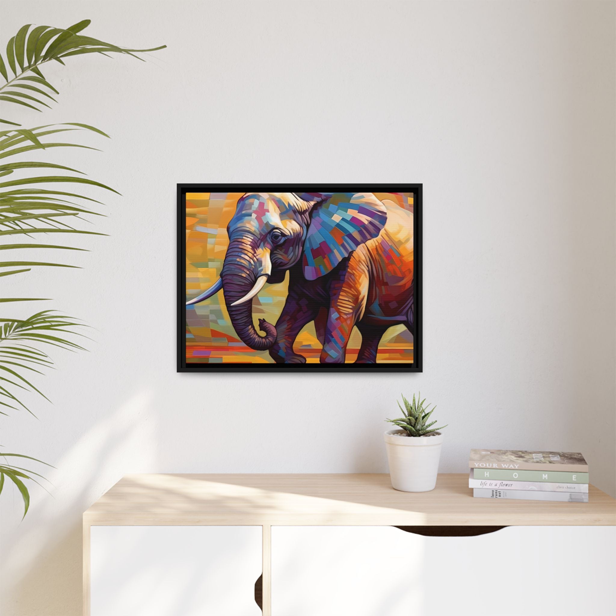 Whimsical Breezes: "Elephant in a Colorful Wind", Giclée on Matte Canvas in Black Frame