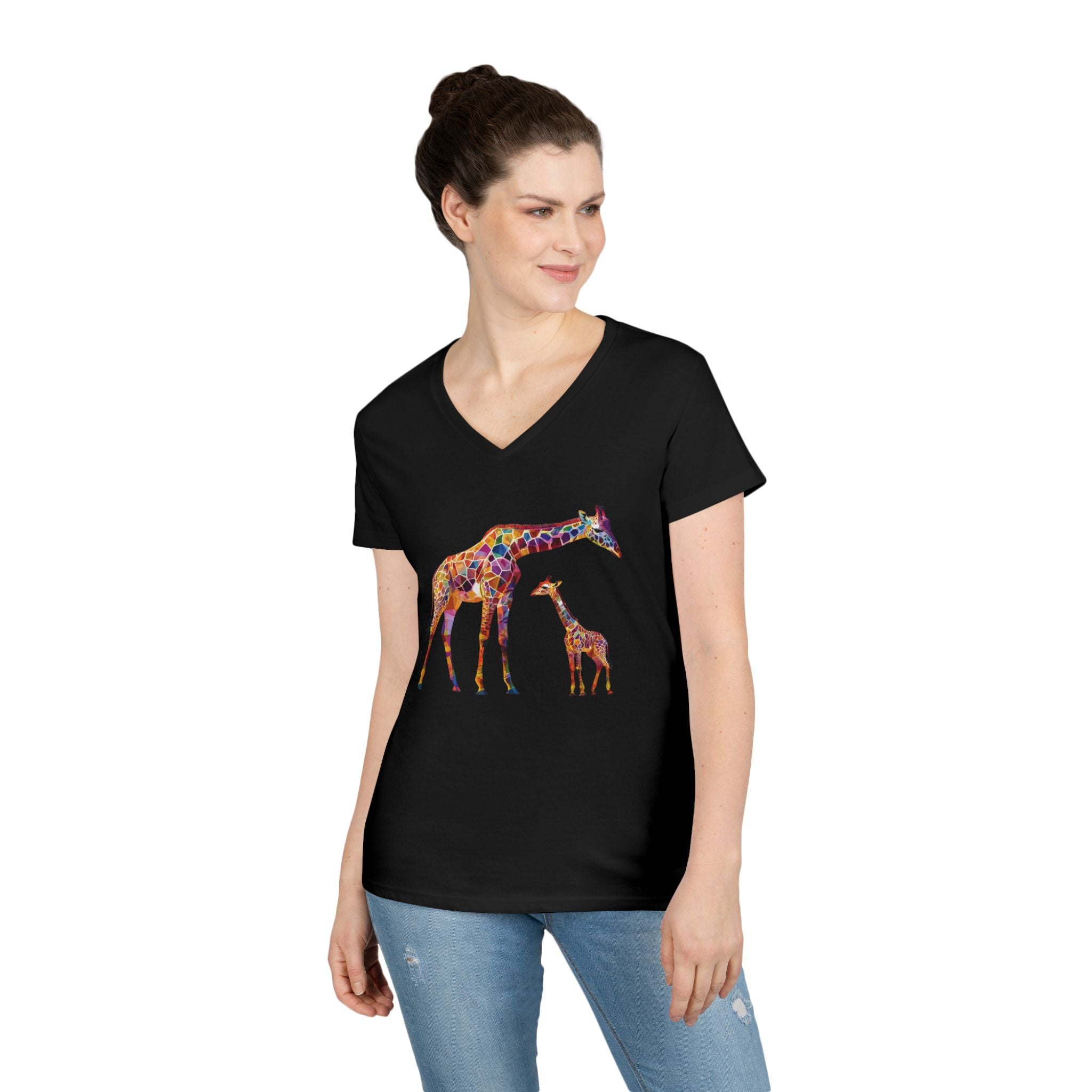 “Conservation Giraffe Color Menagerie Tee” Personalized Giraffe V-Neck Tee