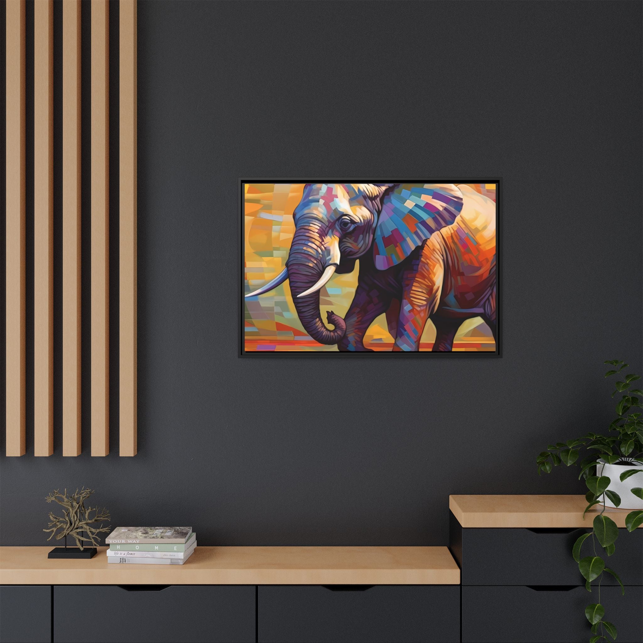 Whimsical Breezes: "Elephant in a Colorful Wind", Giclée on Matte Canvas in Black Frame