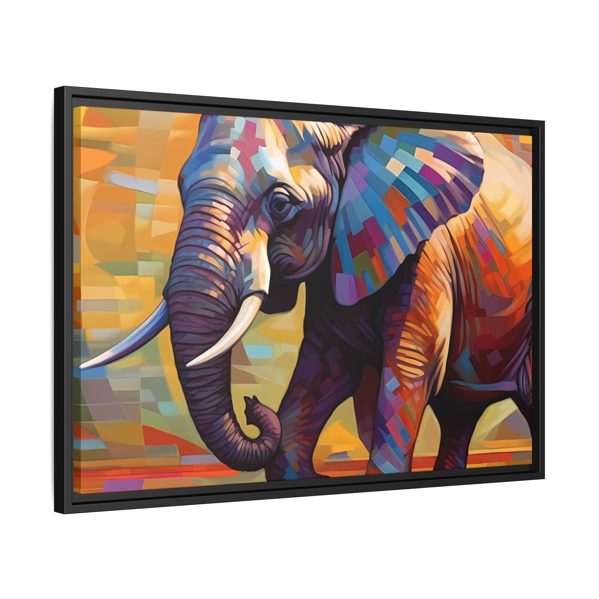 Whimsical Breezes: "Elephant in a Colorful Wind", Giclée on Matte Canvas in Black Frame