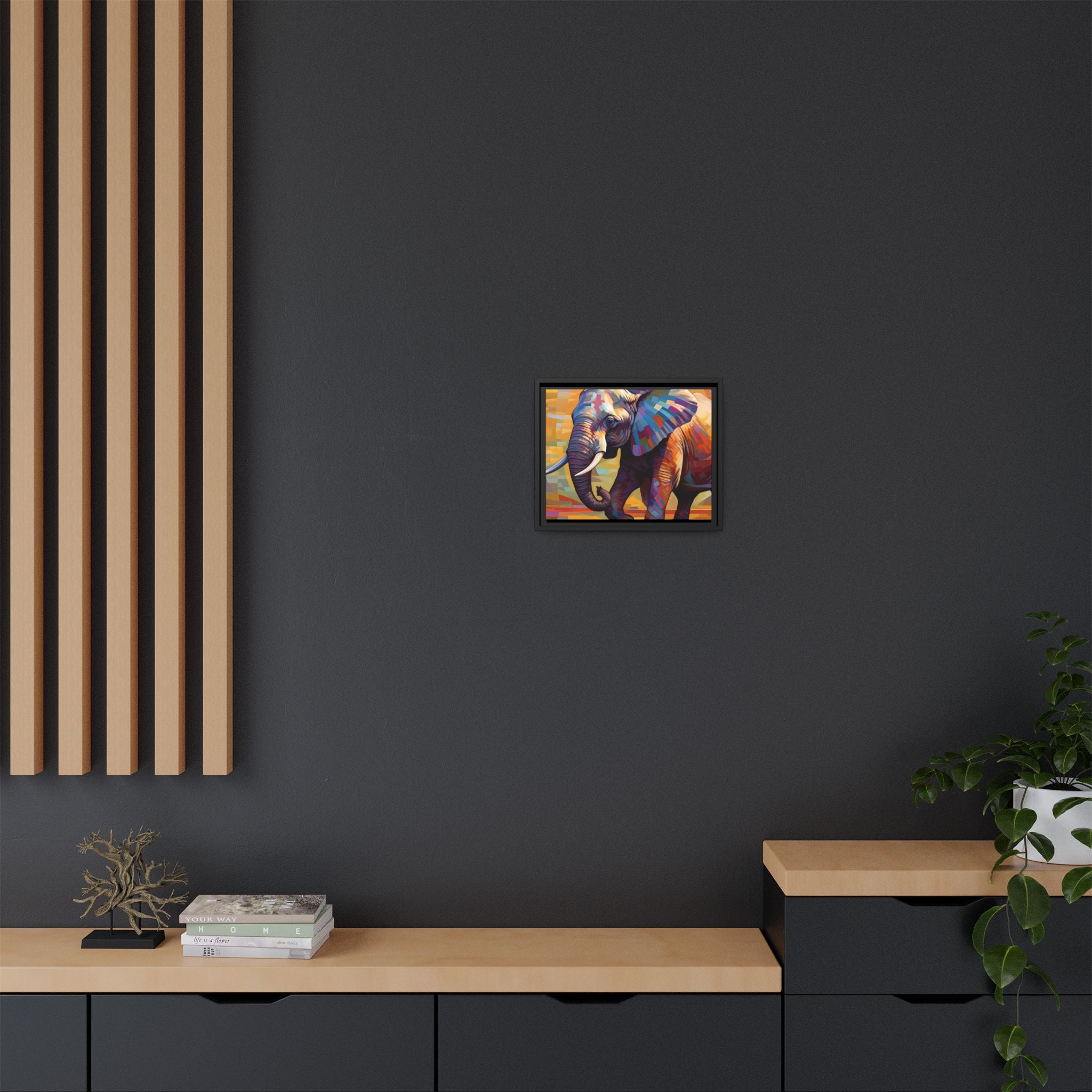 Whimsical Breezes: "Elephant in a Colorful Wind", Giclée on Matte Canvas in Black Frame