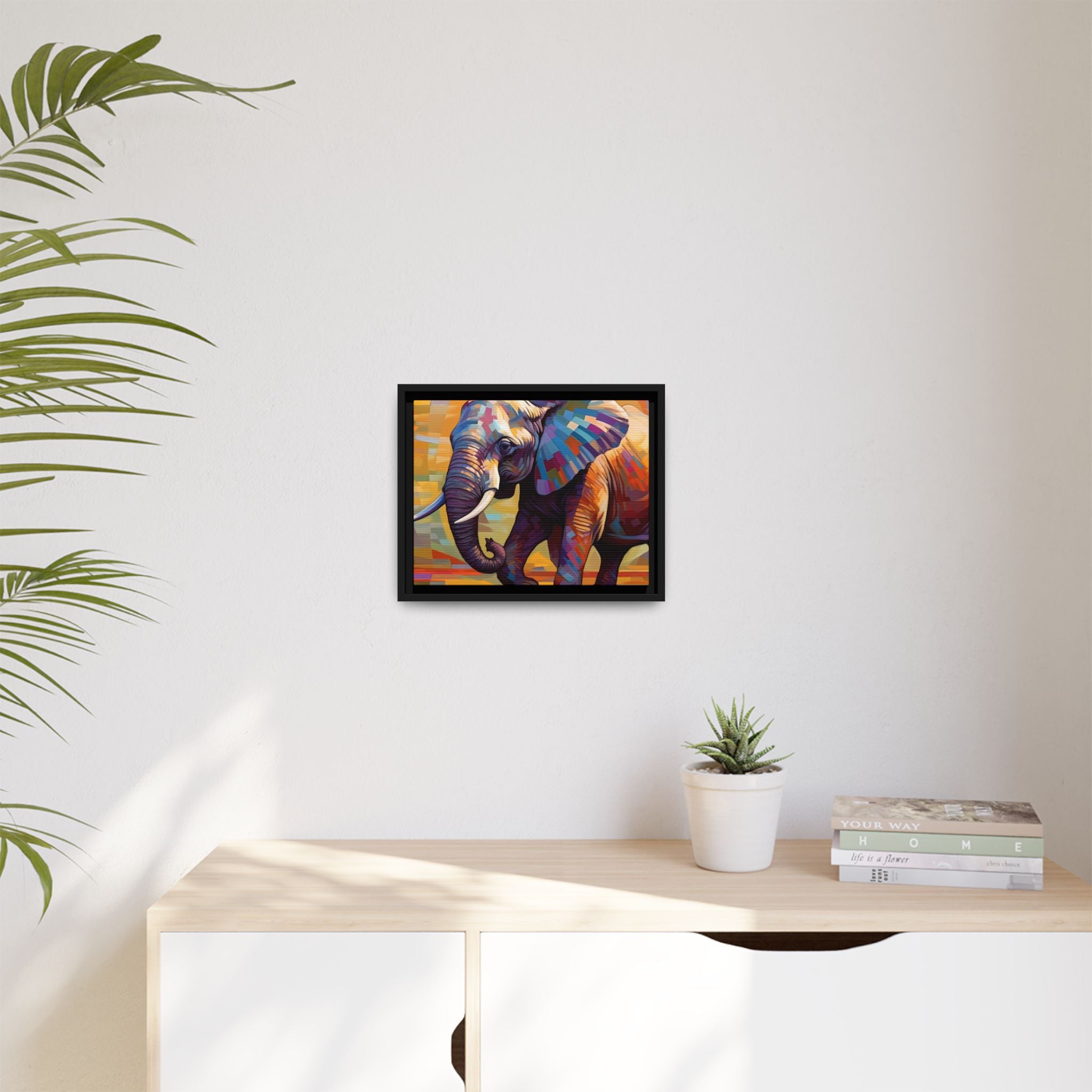 Whimsical Breezes: "Elephant in a Colorful Wind", Giclée on Matte Canvas in Black Frame