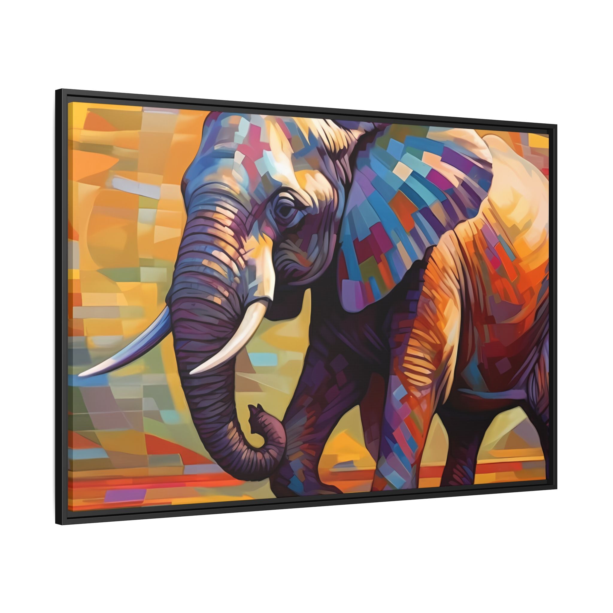Whimsical Breezes: "Elephant in a Colorful Wind", Giclée on Matte Canvas in Black Frame