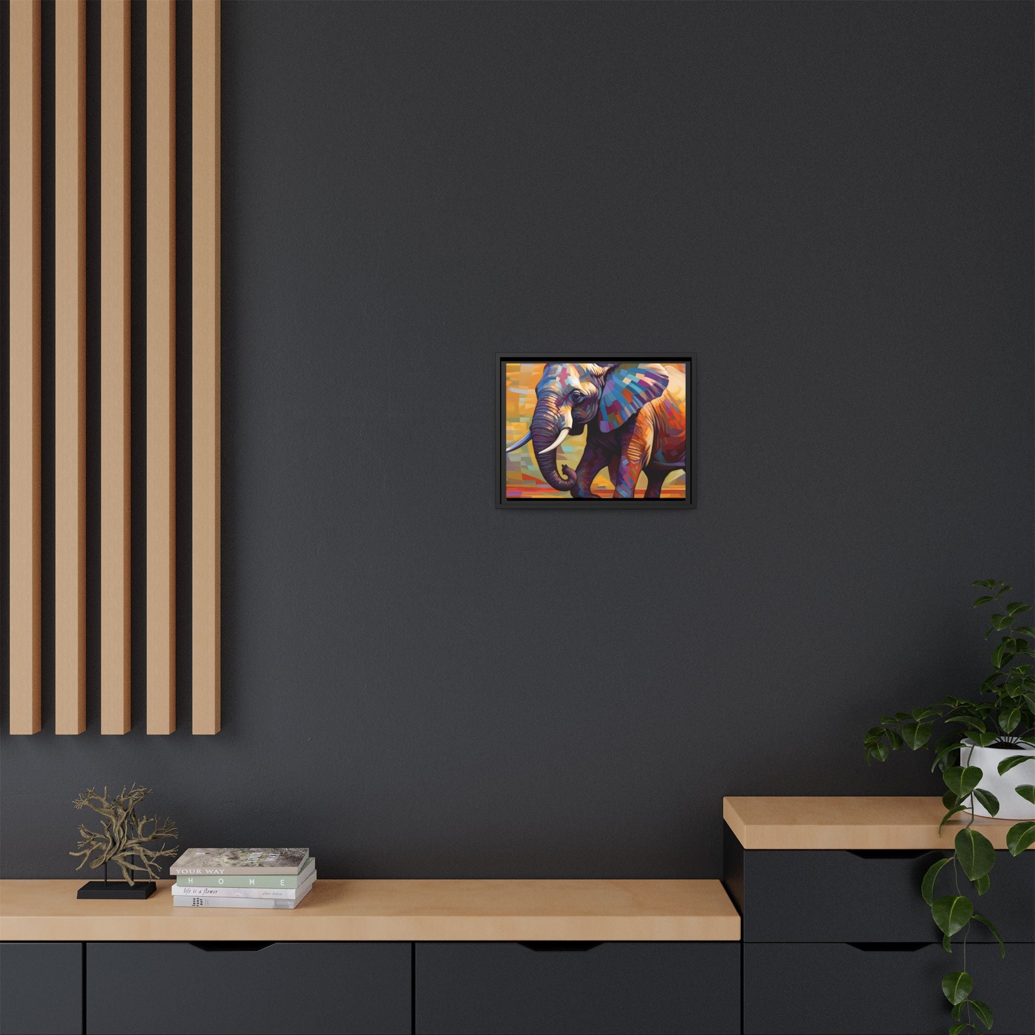 Whimsical Breezes: "Elephant in a Colorful Wind", Giclée on Matte Canvas in Black Frame
