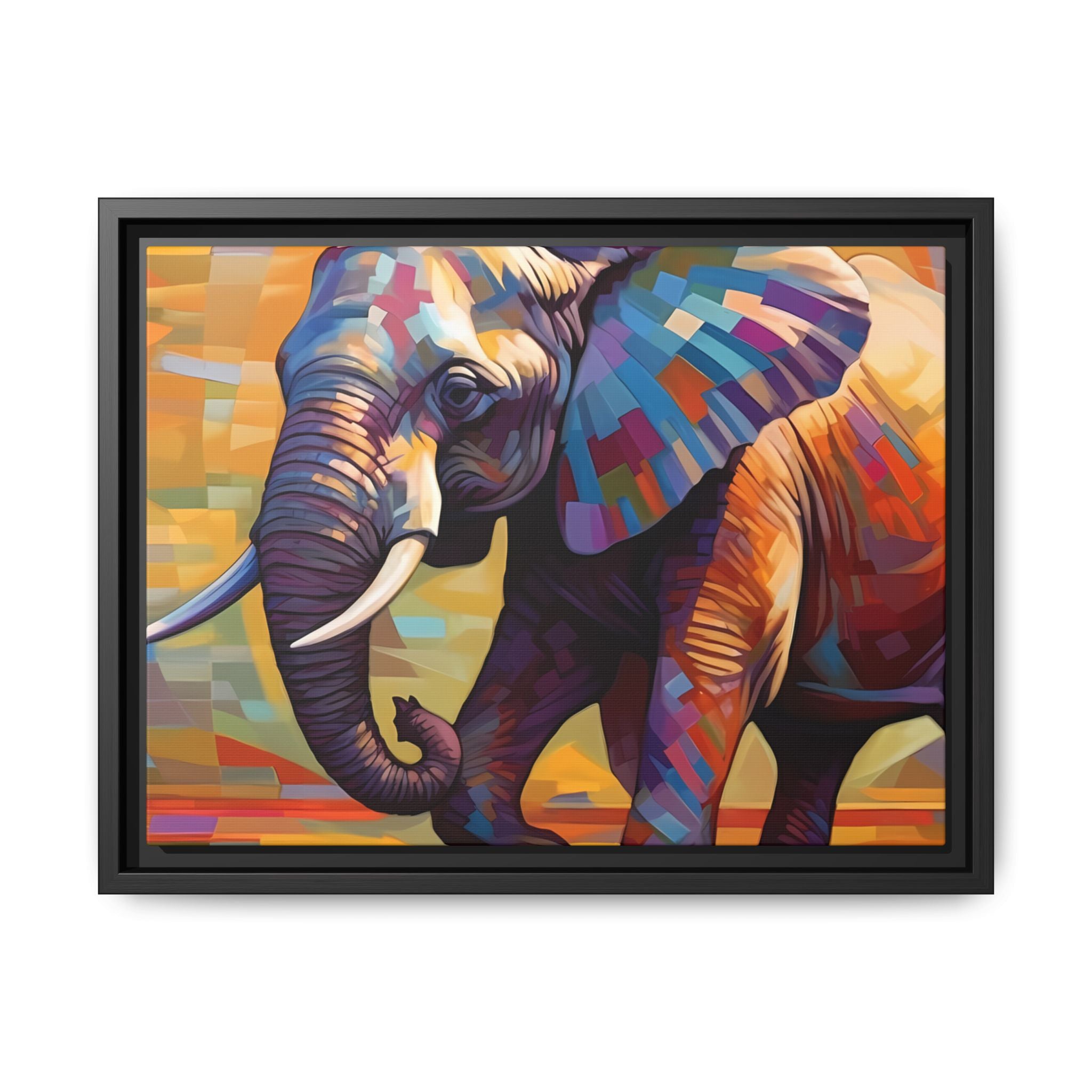 Whimsical Breezes: "Elephant in a Colorful Wind", Giclée on Matte Canvas in Black Frame