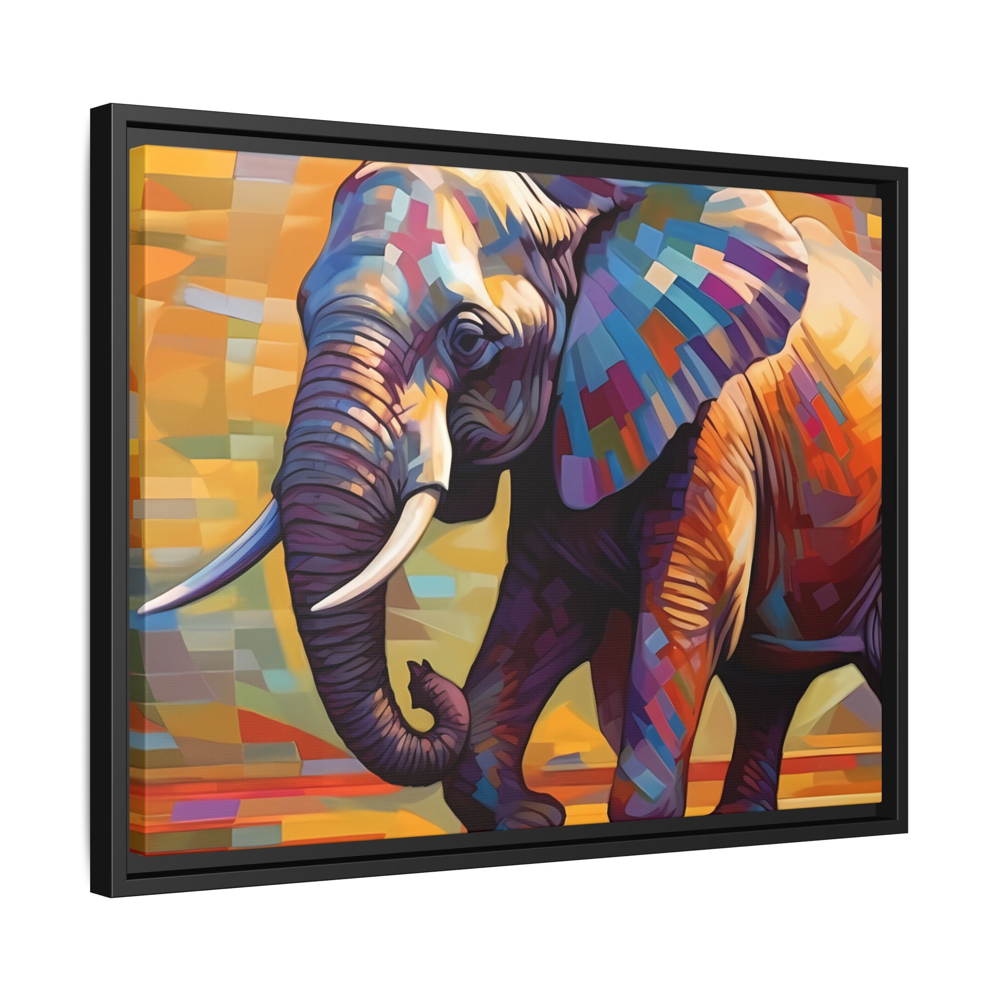 Whimsical Breezes: "Elephant in a Colorful Wind", Giclée on Matte Canvas in Black Frame
