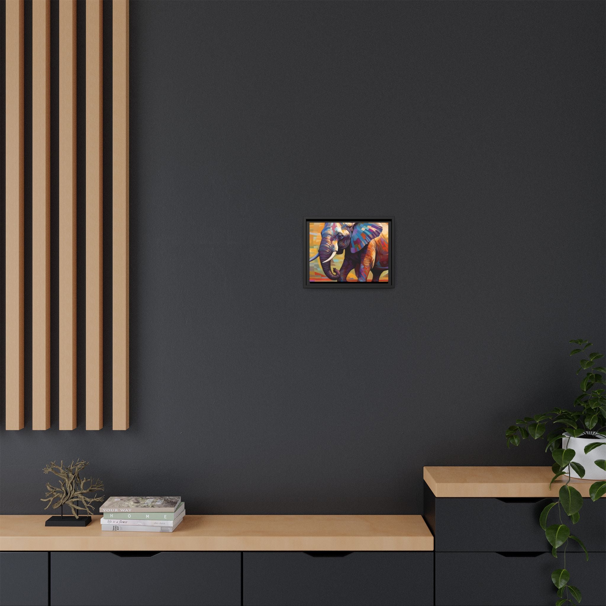 Whimsical Breezes: "Elephant in a Colorful Wind", Giclée on Matte Canvas in Black Frame