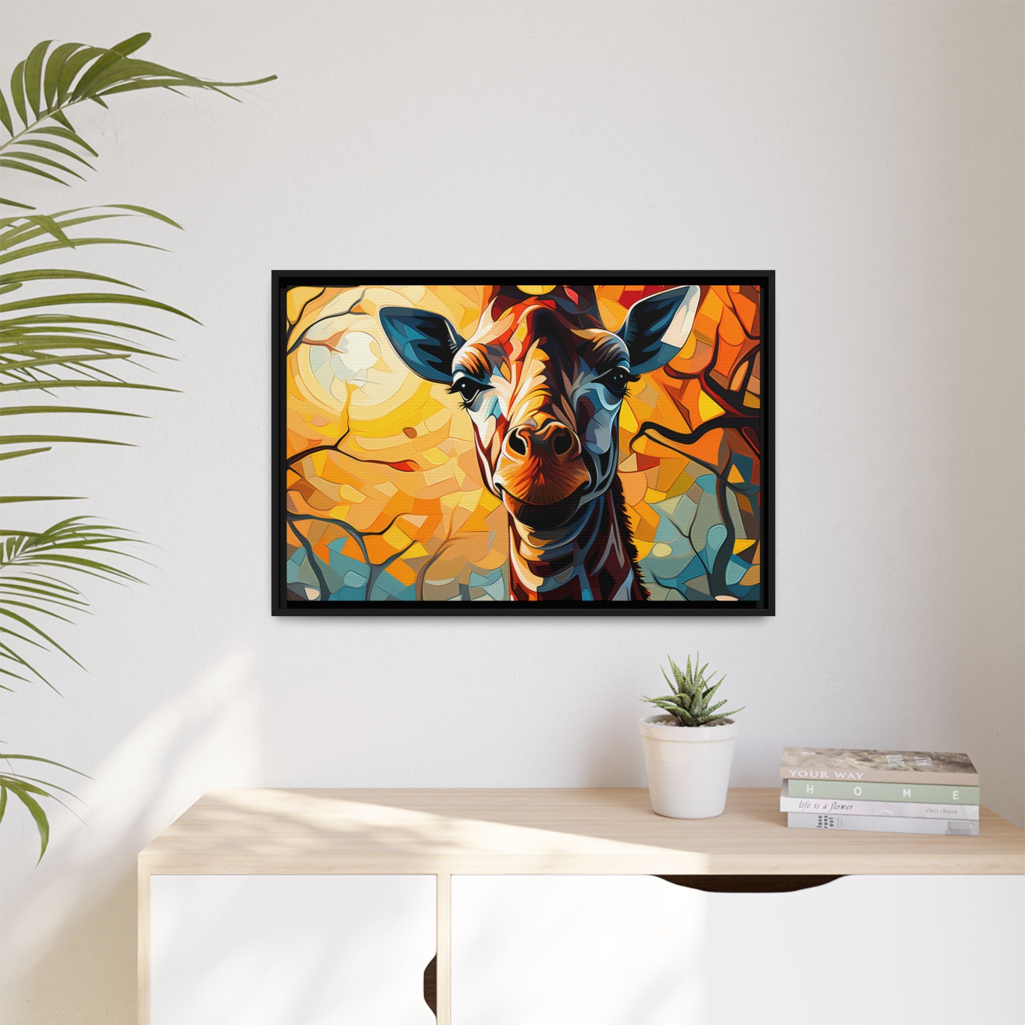 Serenity's Glow: Giraffe in Sunlit Forest (Giclée in Black Frame)
