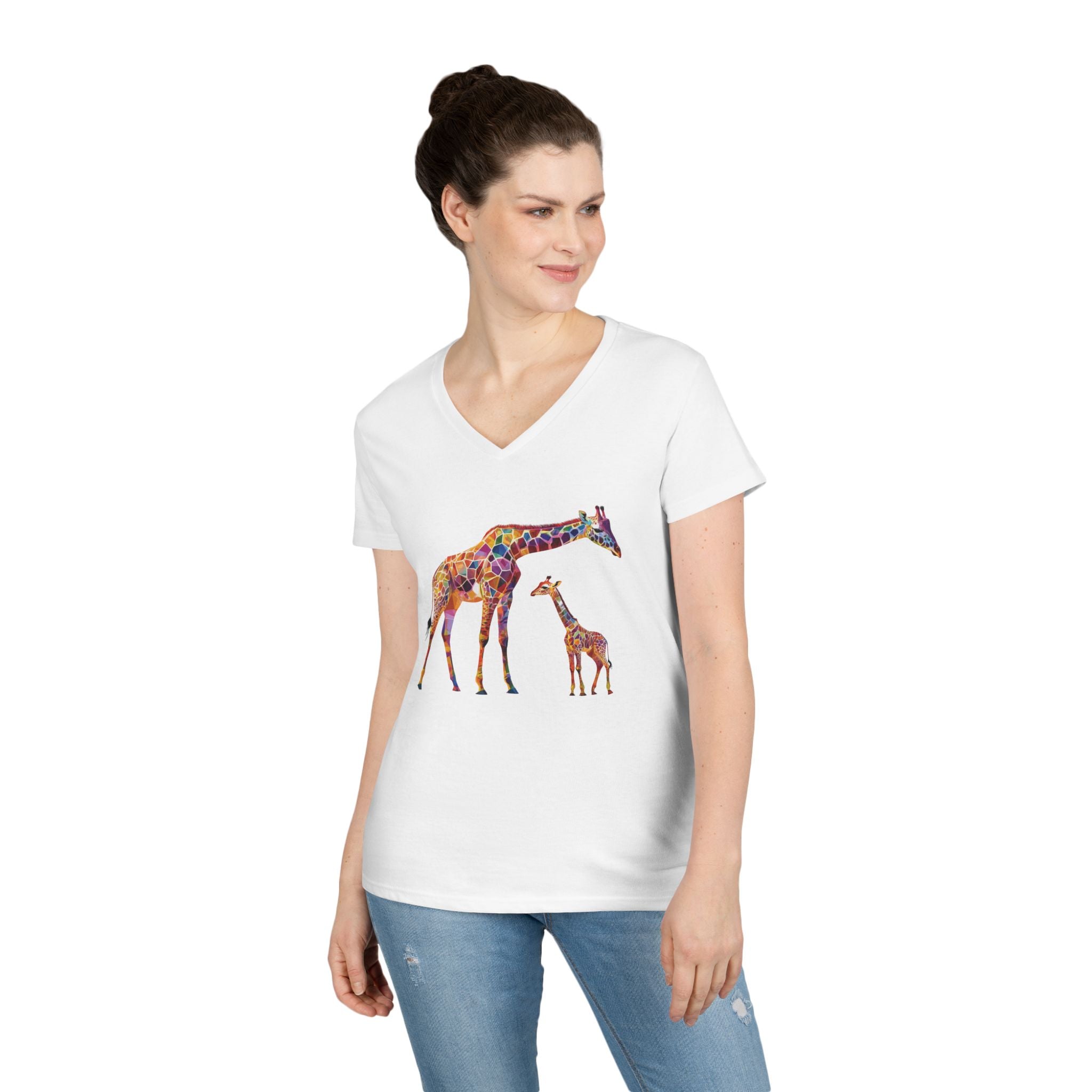 “Conservation Giraffe Color Menagerie Tee” Personalized Giraffe V-Neck Tee