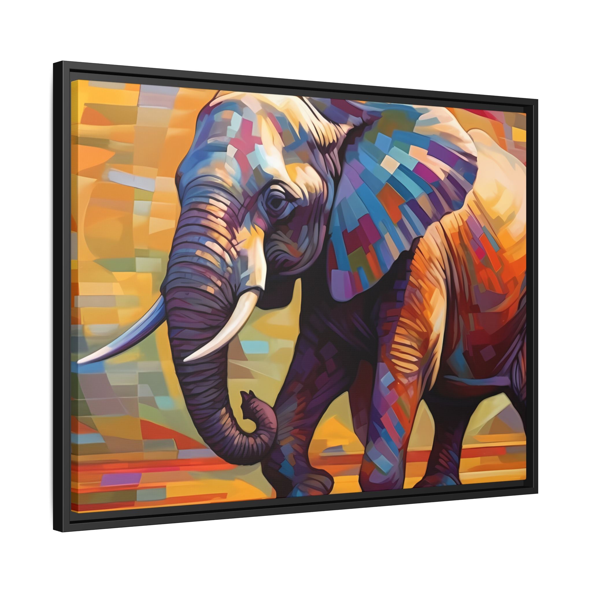 Whimsical Breezes: "Elephant in a Colorful Wind", Giclée on Matte Canvas in Black Frame
