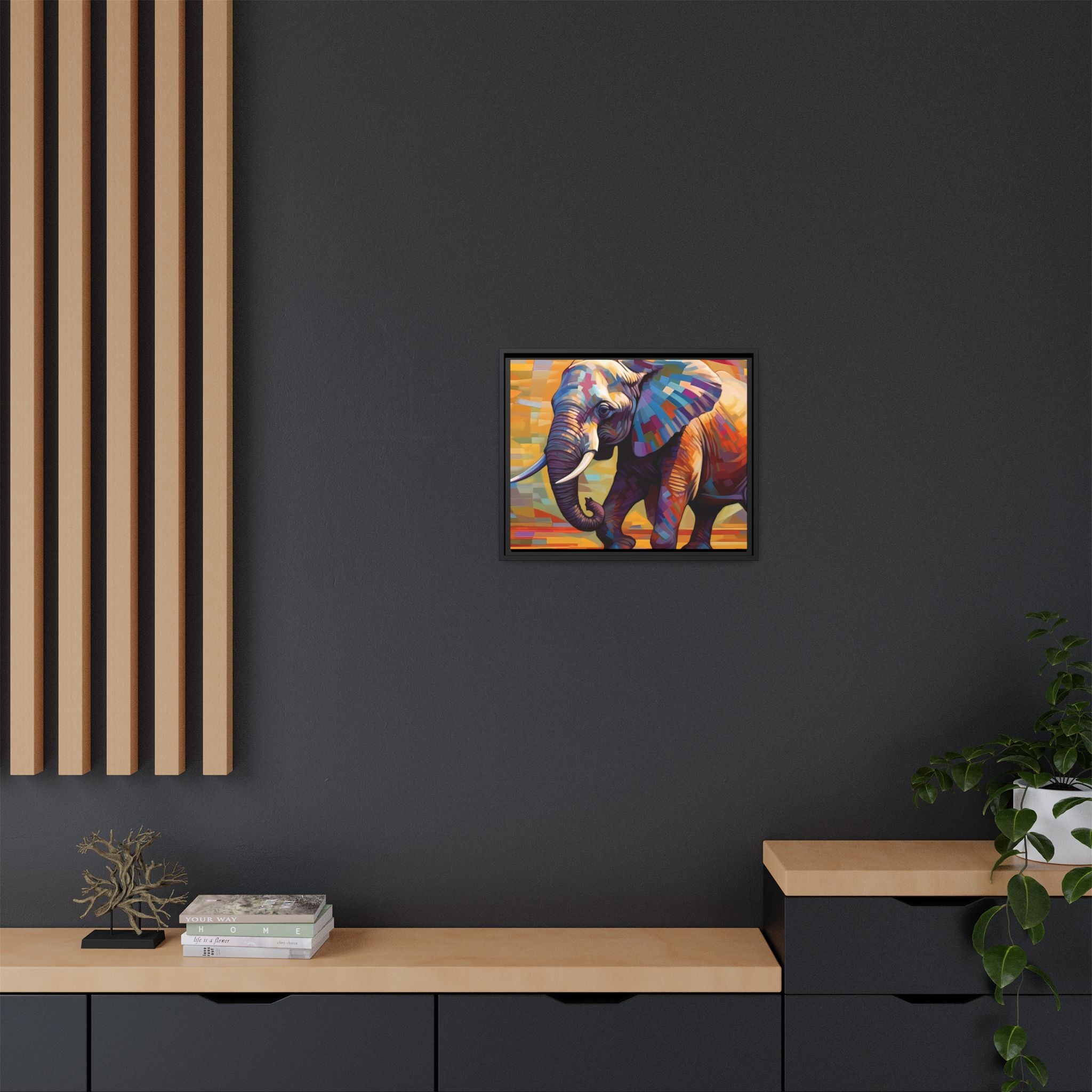 Whimsical Breezes: "Elephant in a Colorful Wind", Giclée on Matte Canvas in Black Frame