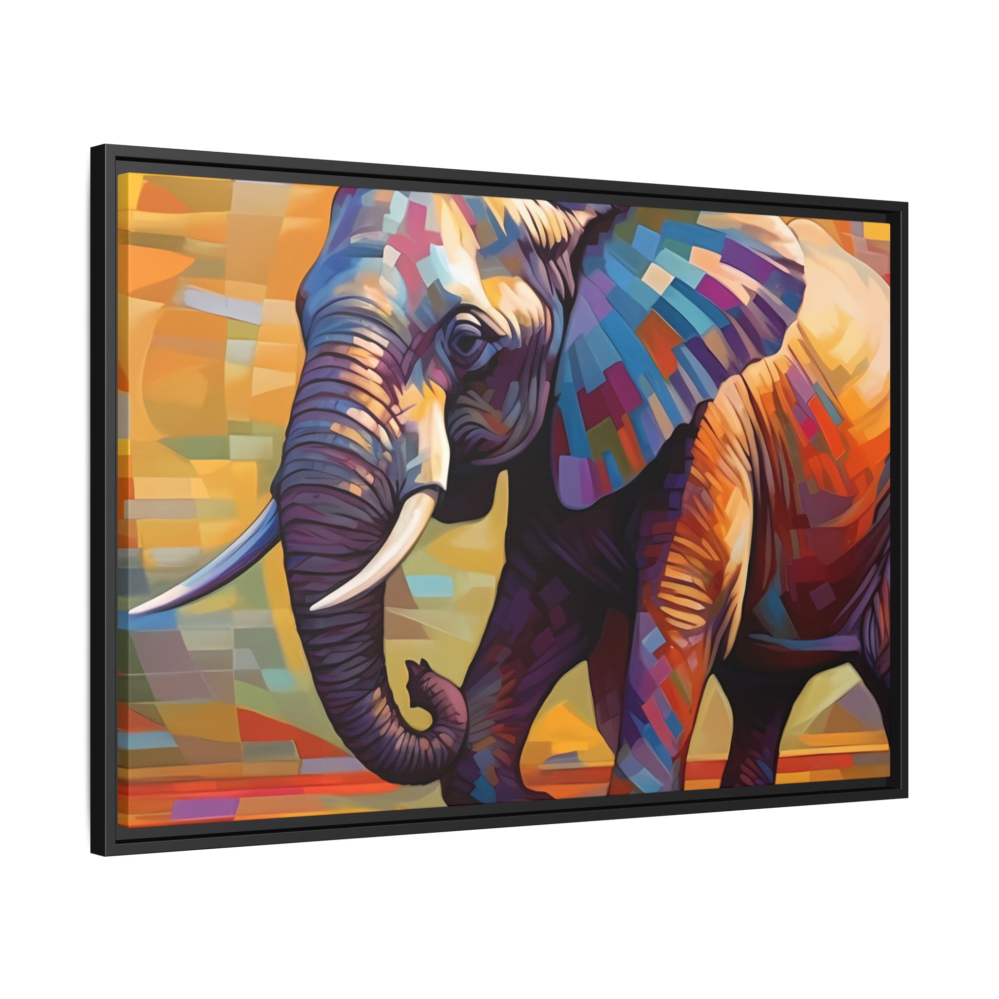 Whimsical Breezes: "Elephant in a Colorful Wind", Giclée on Matte Canvas in Black Frame
