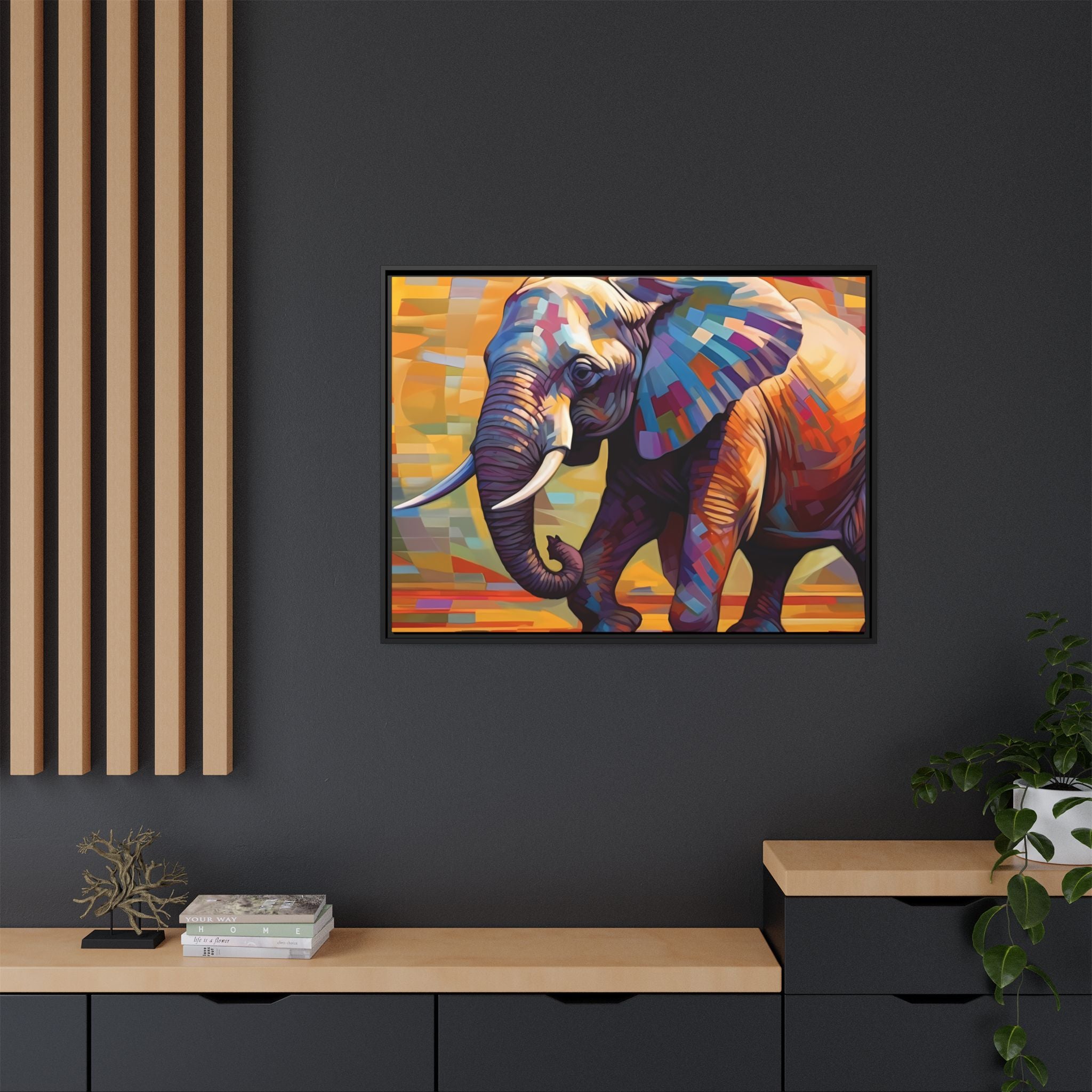 Whimsical Breezes: "Elephant in a Colorful Wind", Giclée on Matte Canvas in Black Frame