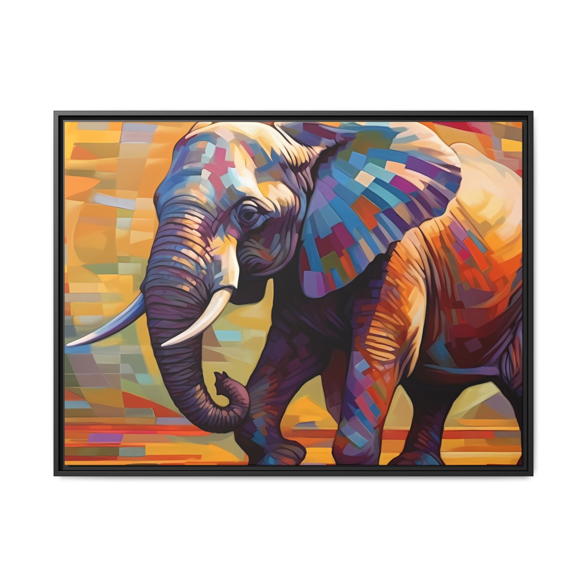 Whimsical Breezes: "Elephant in a Colorful Wind", Giclée on Matte Canvas in Black Frame