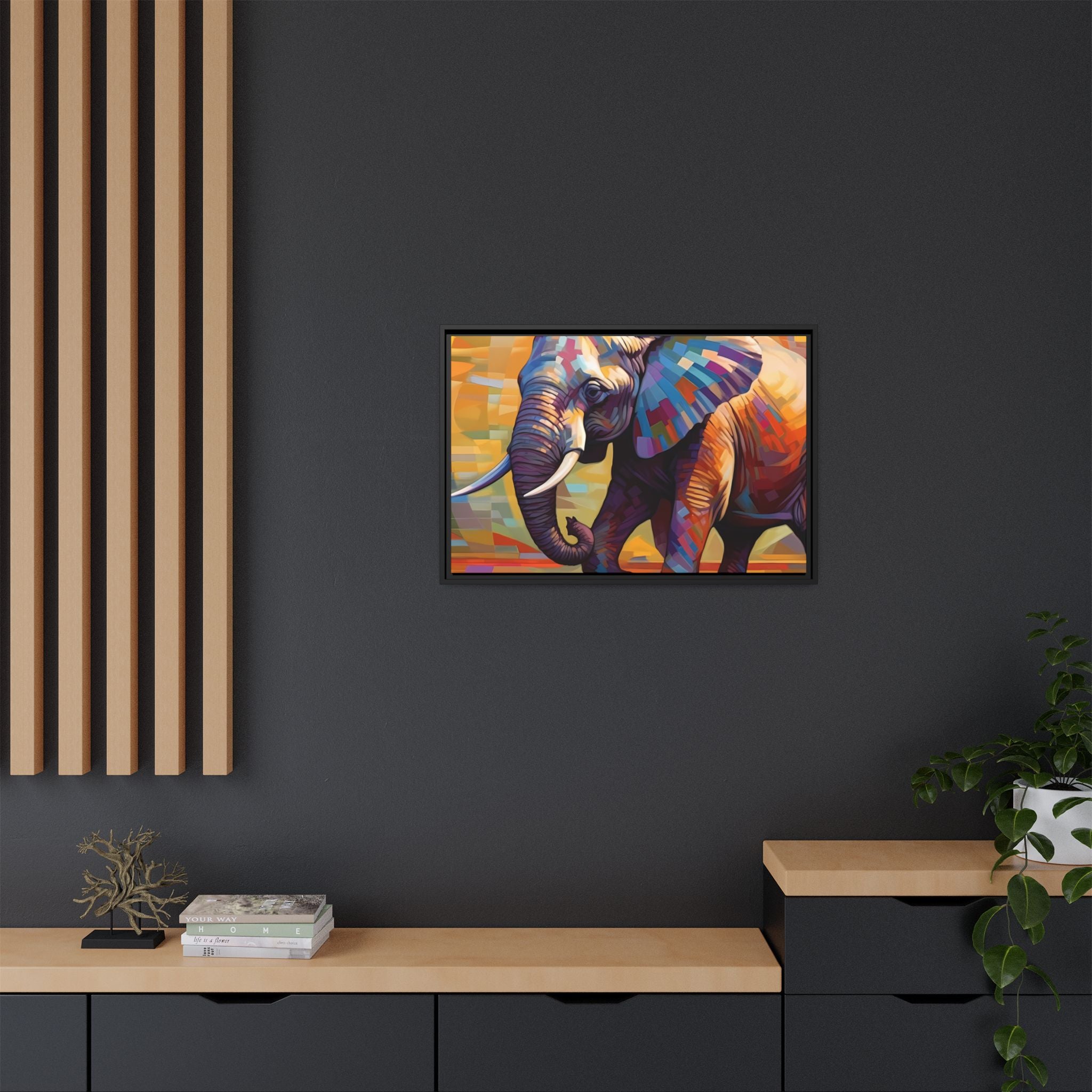 Whimsical Breezes: "Elephant in a Colorful Wind", Giclée on Matte Canvas in Black Frame