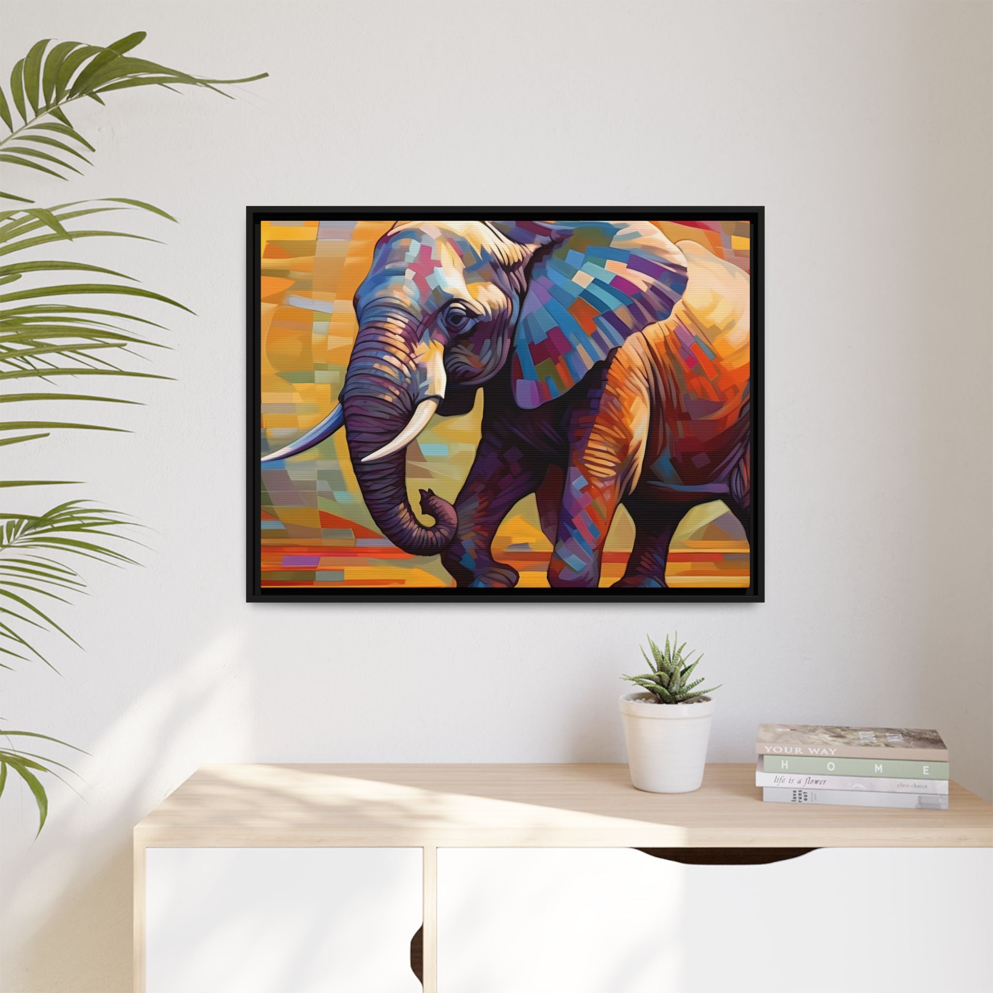 Whimsical Breezes: "Elephant in a Colorful Wind", Giclée on Matte Canvas in Black Frame