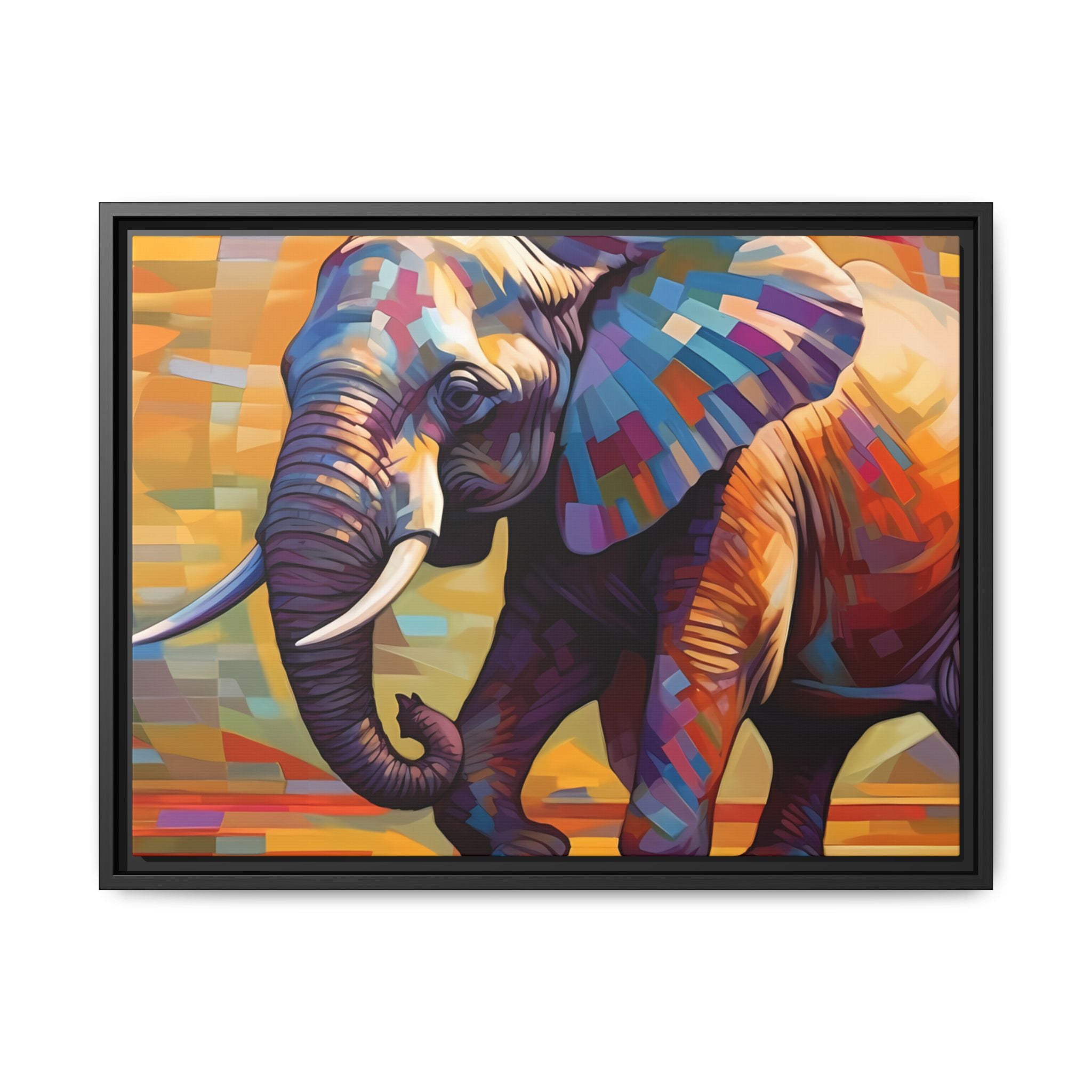 Whimsical Breezes: "Elephant in a Colorful Wind", Giclée on Matte Canvas in Black Frame