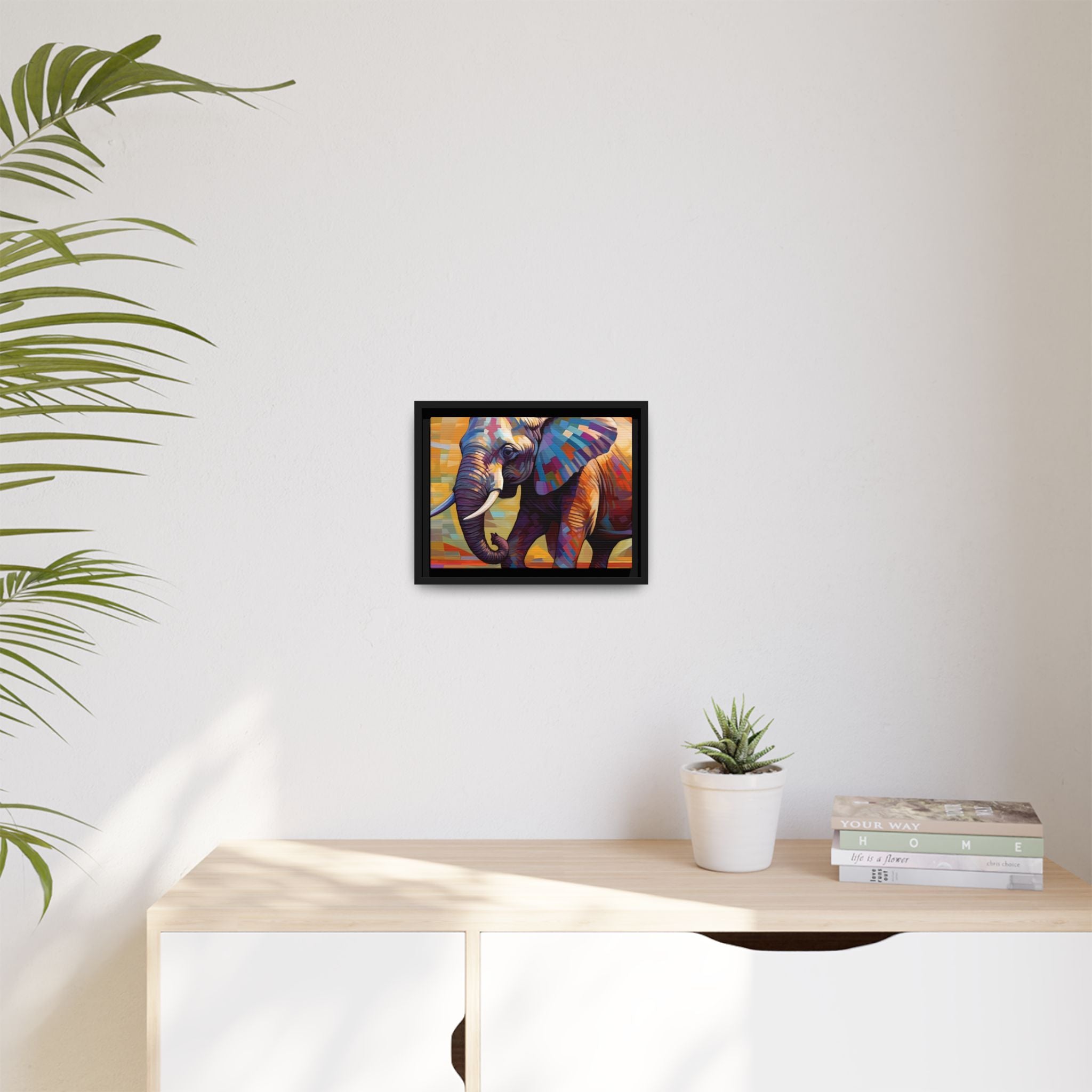 Whimsical Breezes: "Elephant in a Colorful Wind", Giclée on Matte Canvas in Black Frame