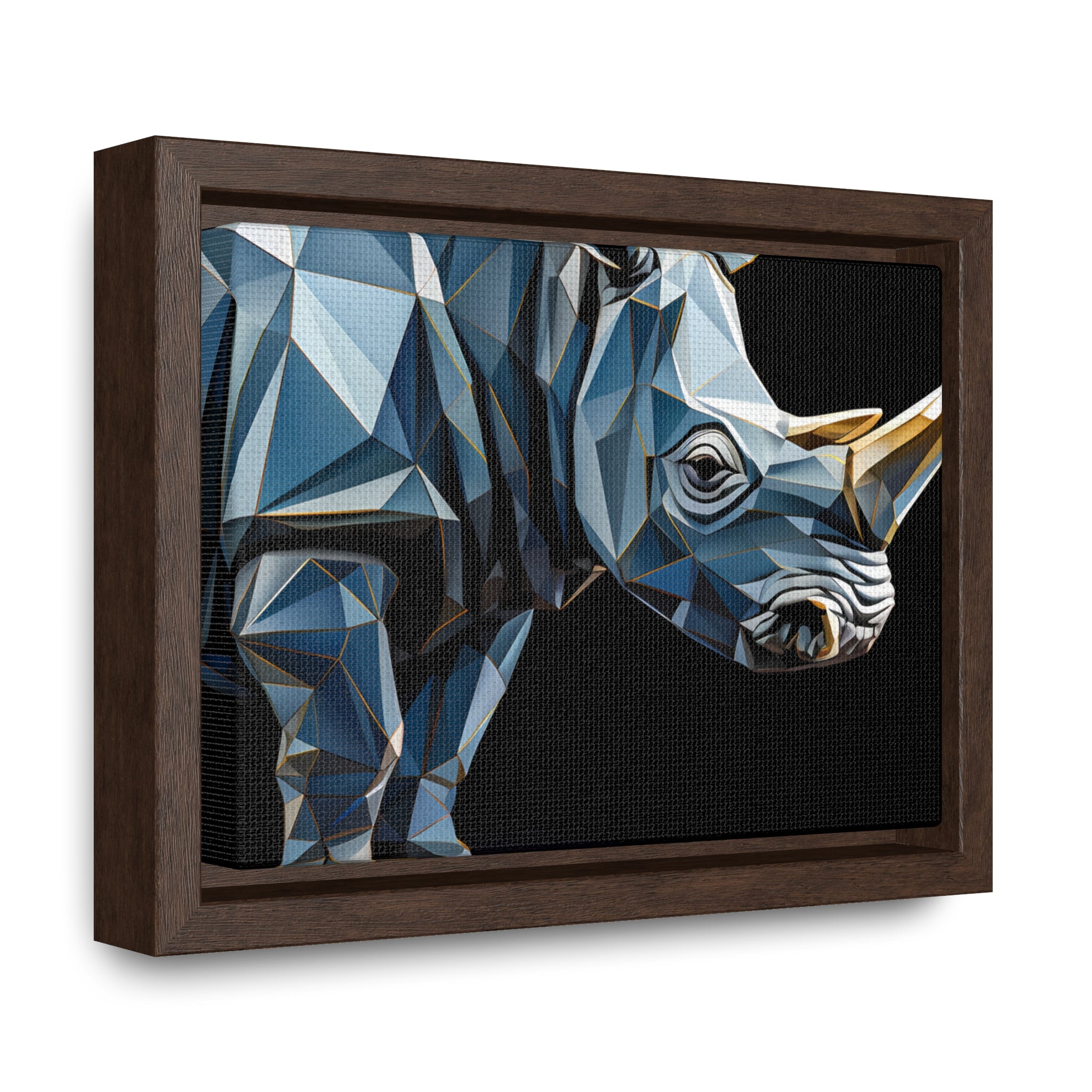 Transcendent Tusk: Blue Cubist Rhino, Giclée wrapped in dark frame