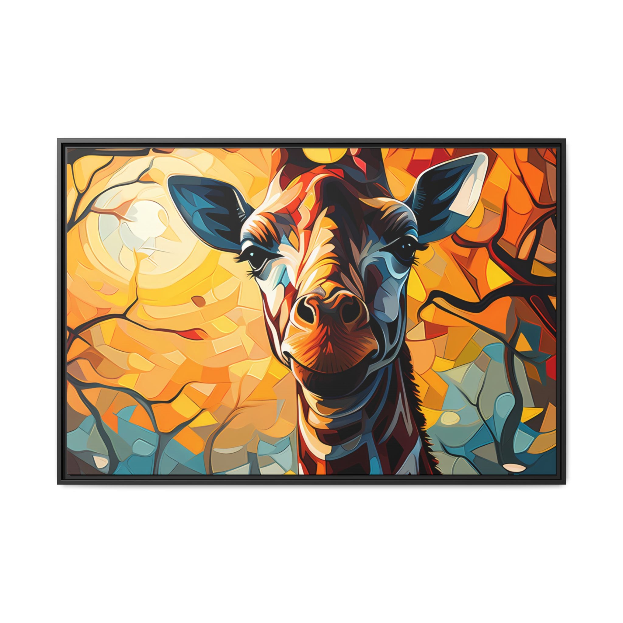 Serenity's Glow: Giraffe in Sunlit Forest (Giclée in Black Frame)