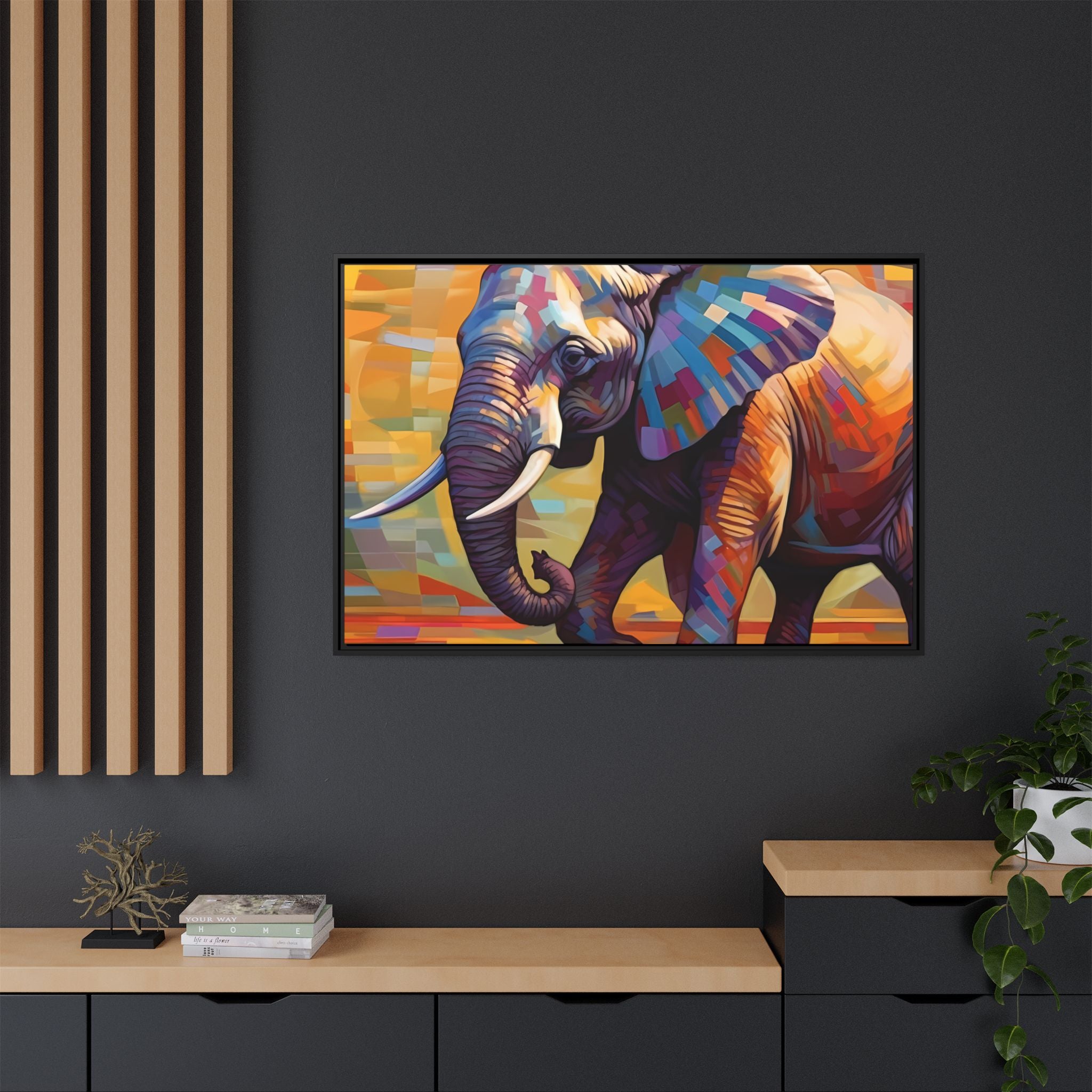 Whimsical Breezes: "Elephant in a Colorful Wind", Giclée on Matte Canvas in Black Frame