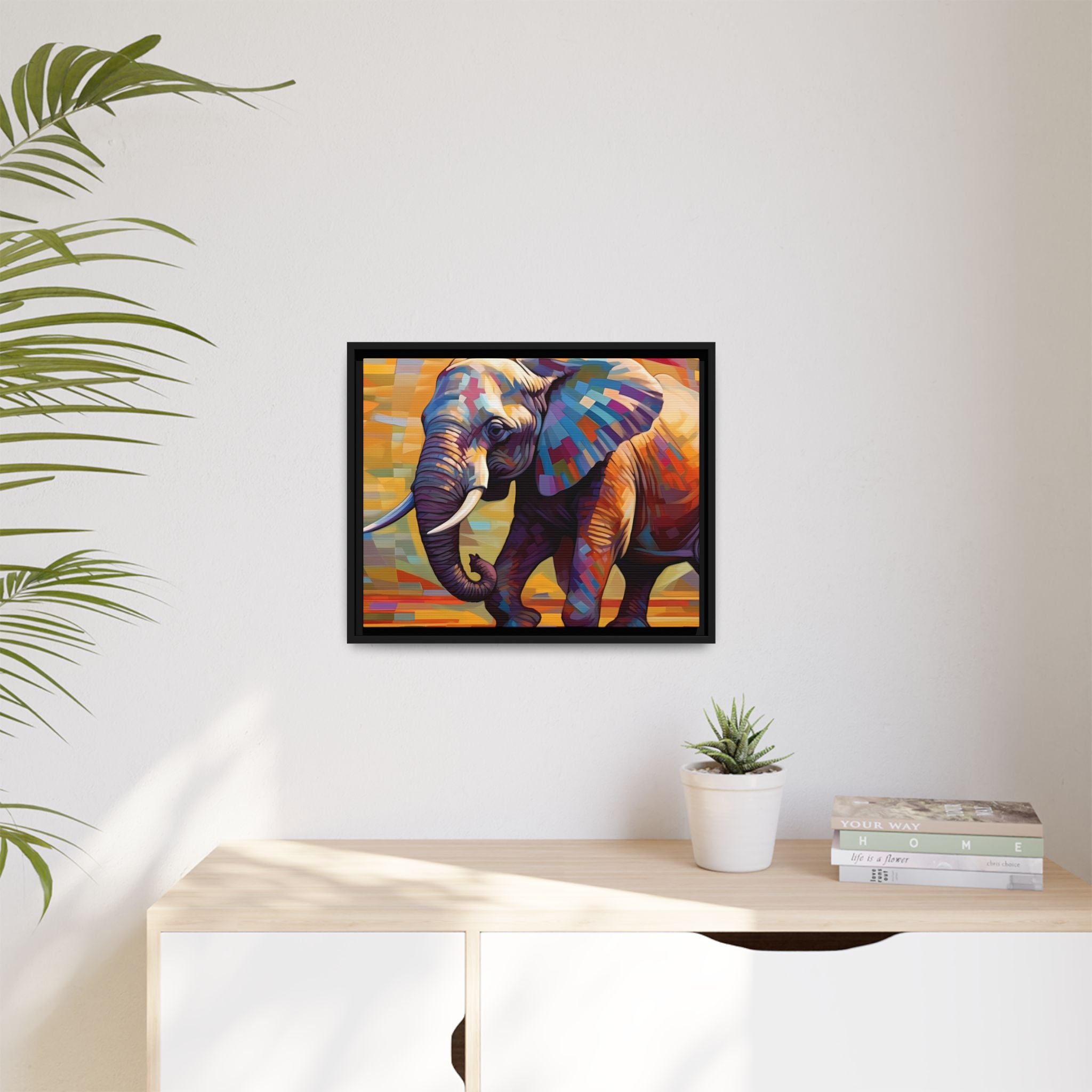 Whimsical Breezes: "Elephant in a Colorful Wind", Giclée on Matte Canvas in Black Frame