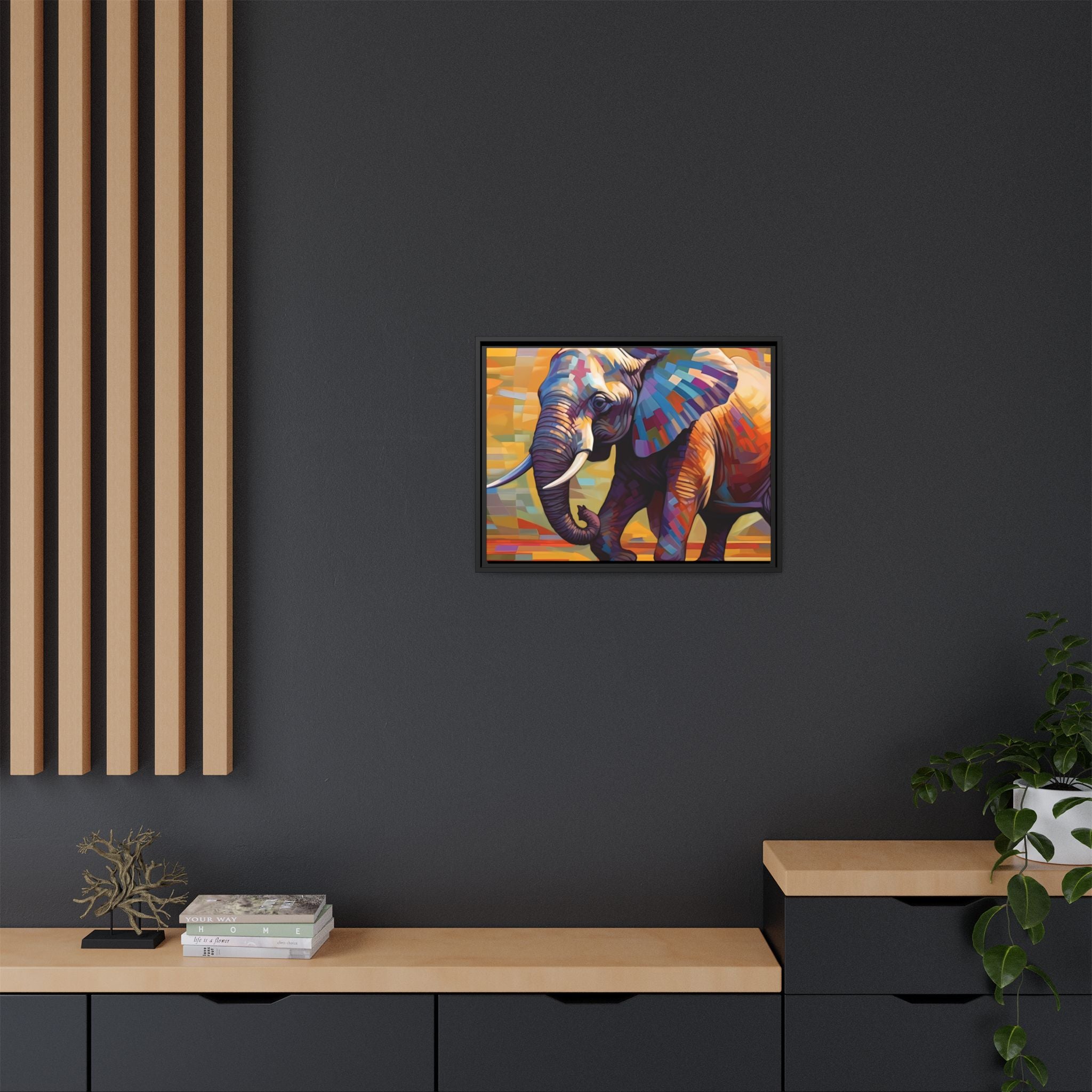 Whimsical Breezes: "Elephant in a Colorful Wind", Giclée on Matte Canvas in Black Frame