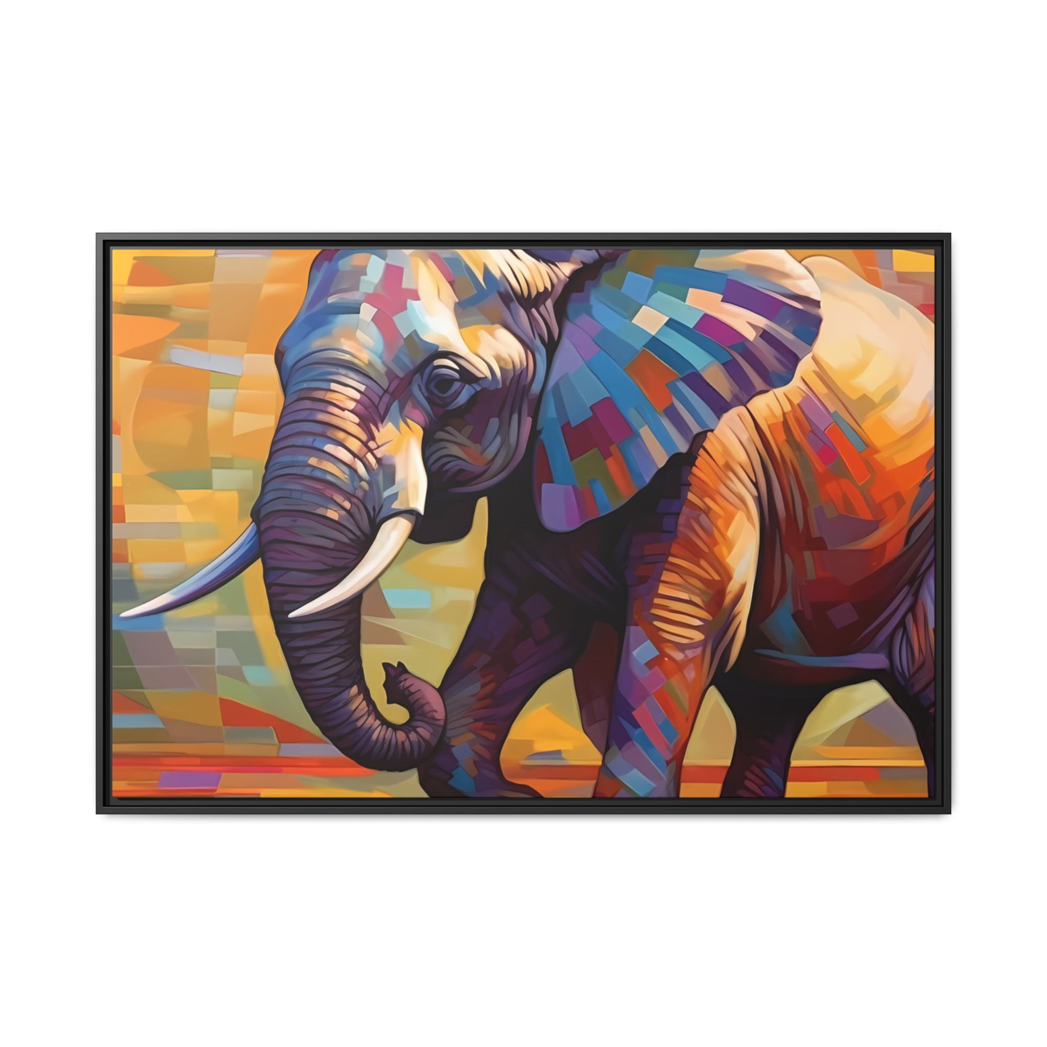 Whimsical Breezes: "Elephant in a Colorful Wind", Giclée on Matte Canvas in Black Frame