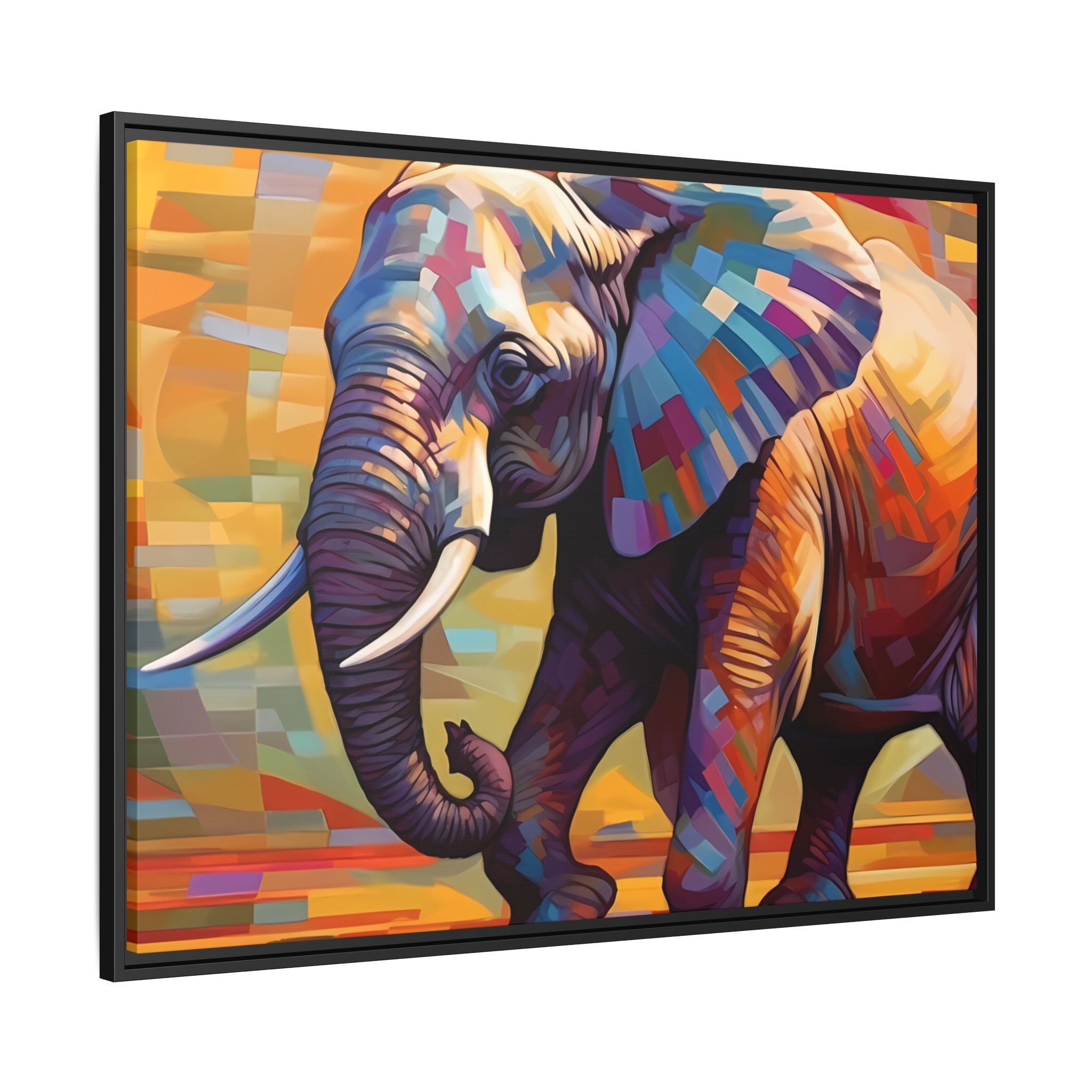 Whimsical Breezes: "Elephant in a Colorful Wind", Giclée on Matte Canvas in Black Frame