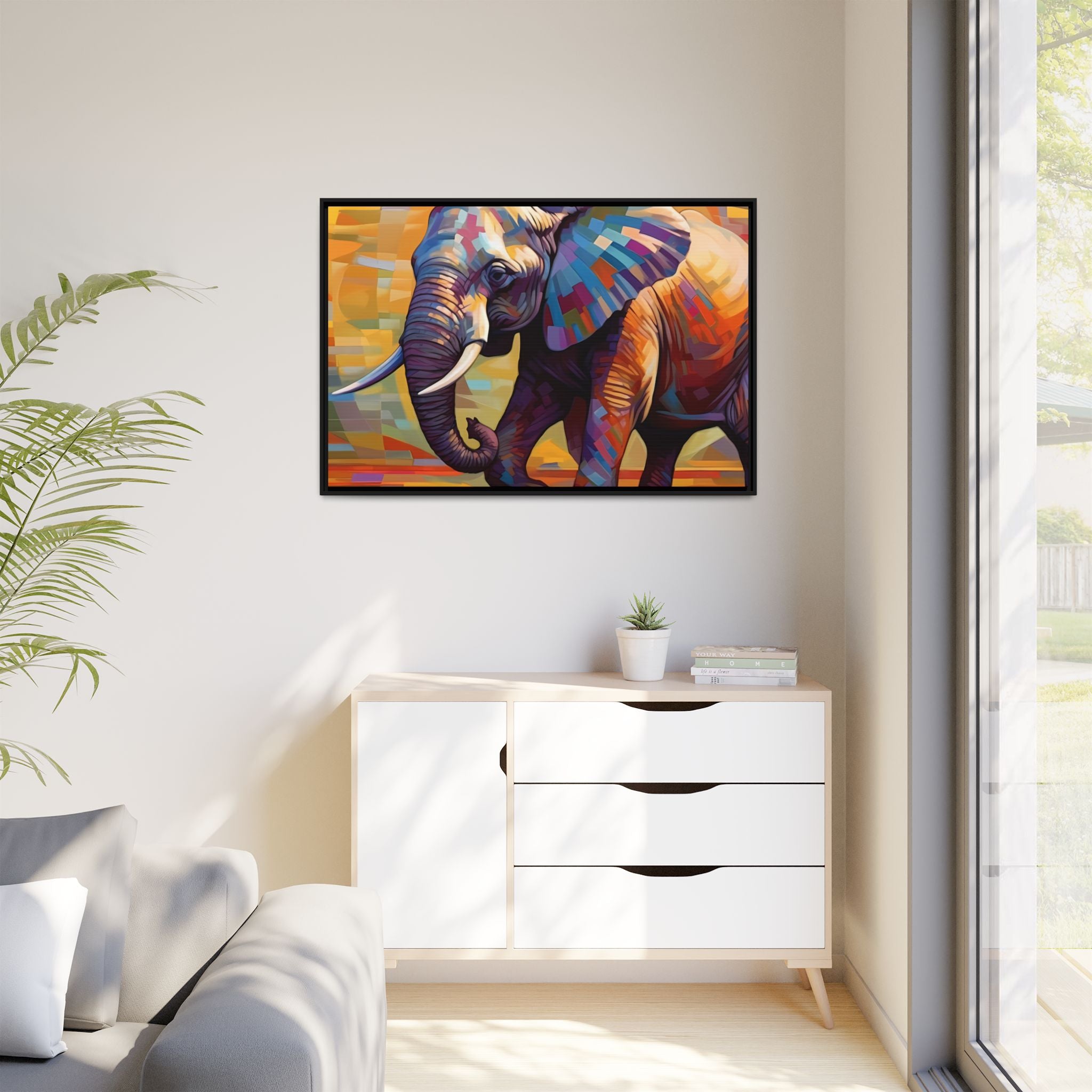 Whimsical Breezes: "Elephant in a Colorful Wind", Giclée on Matte Canvas in Black Frame