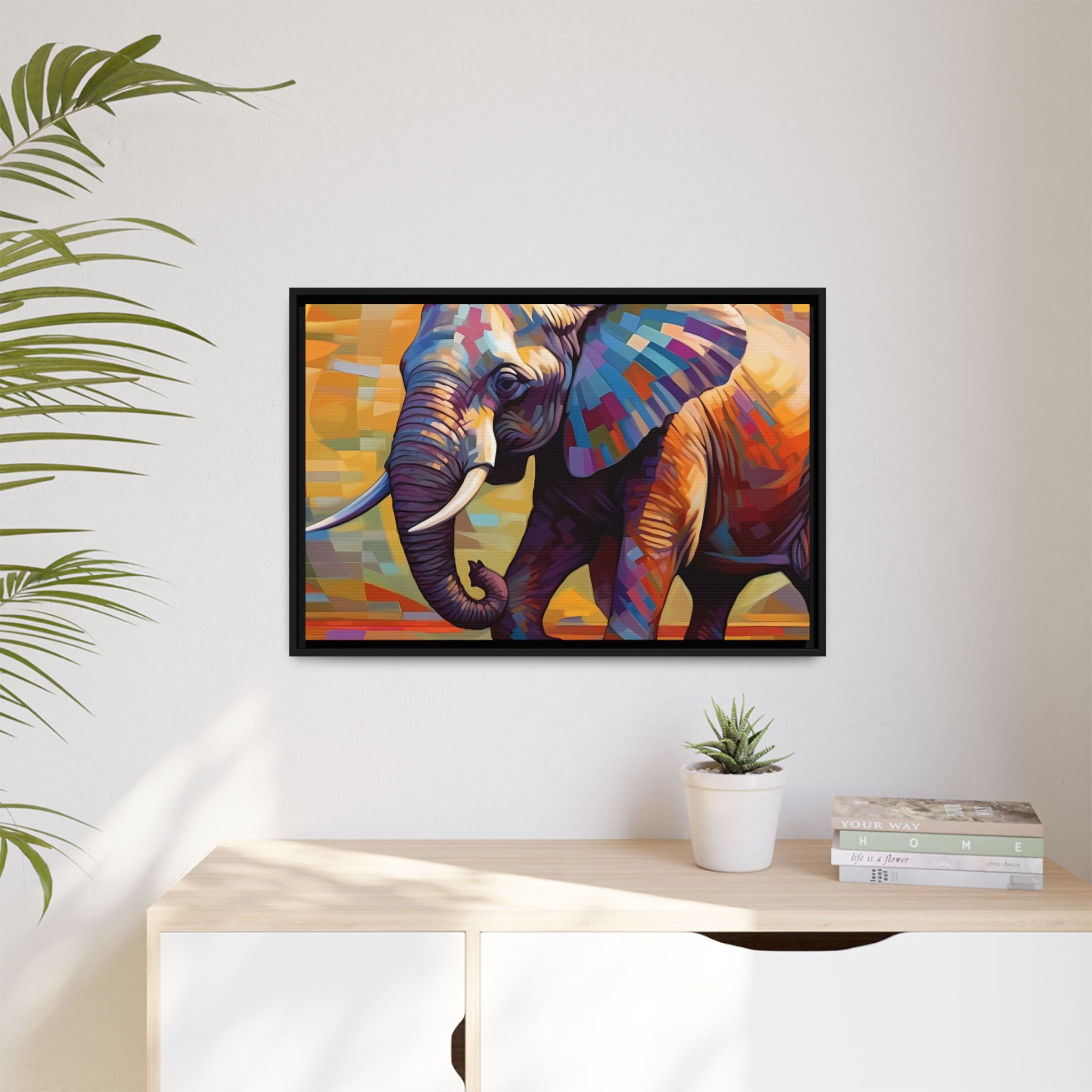 Whimsical Breezes: "Elephant in a Colorful Wind", Giclée on Matte Canvas in Black Frame