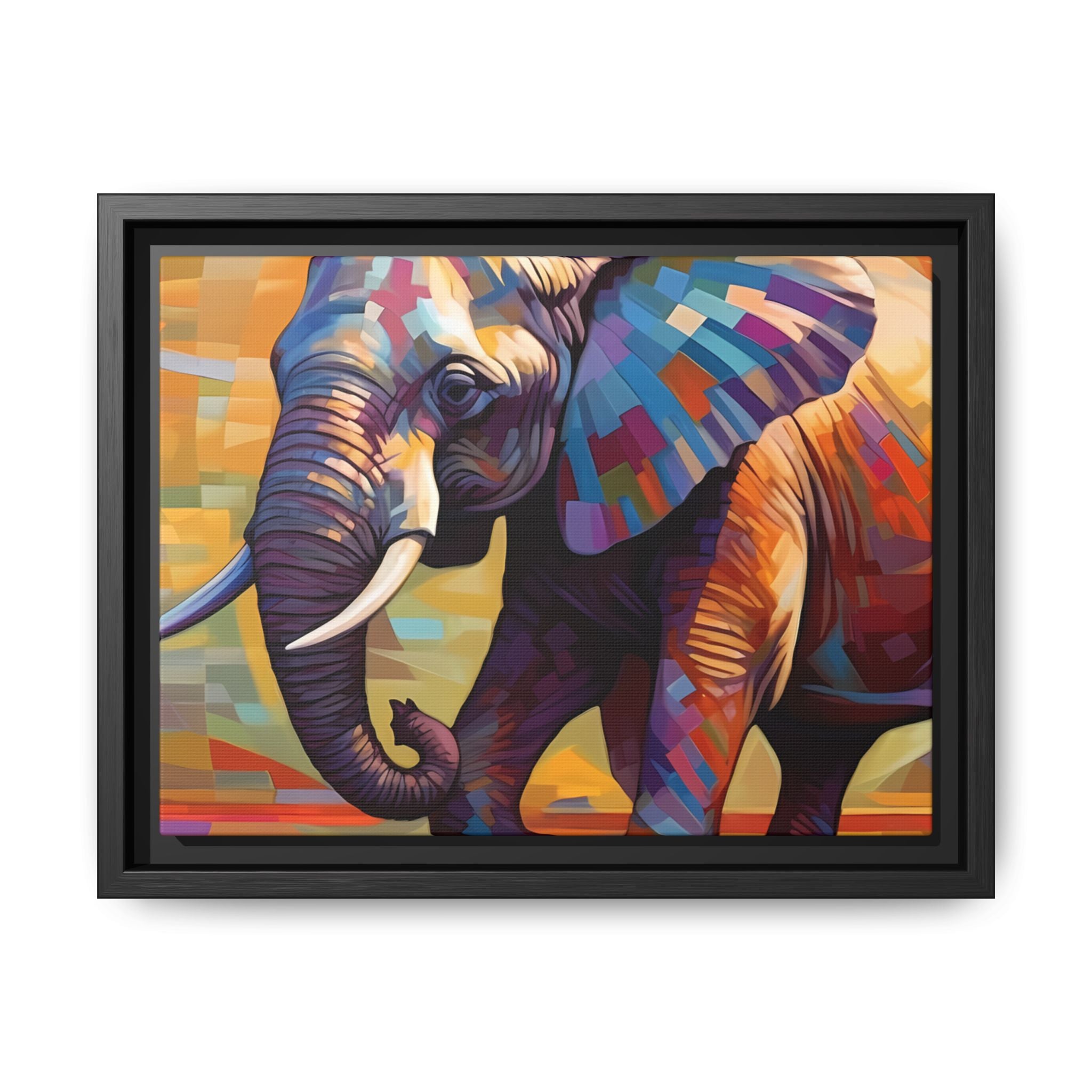 Whimsical Breezes: "Elephant in a Colorful Wind", Giclée on Matte Canvas in Black Frame