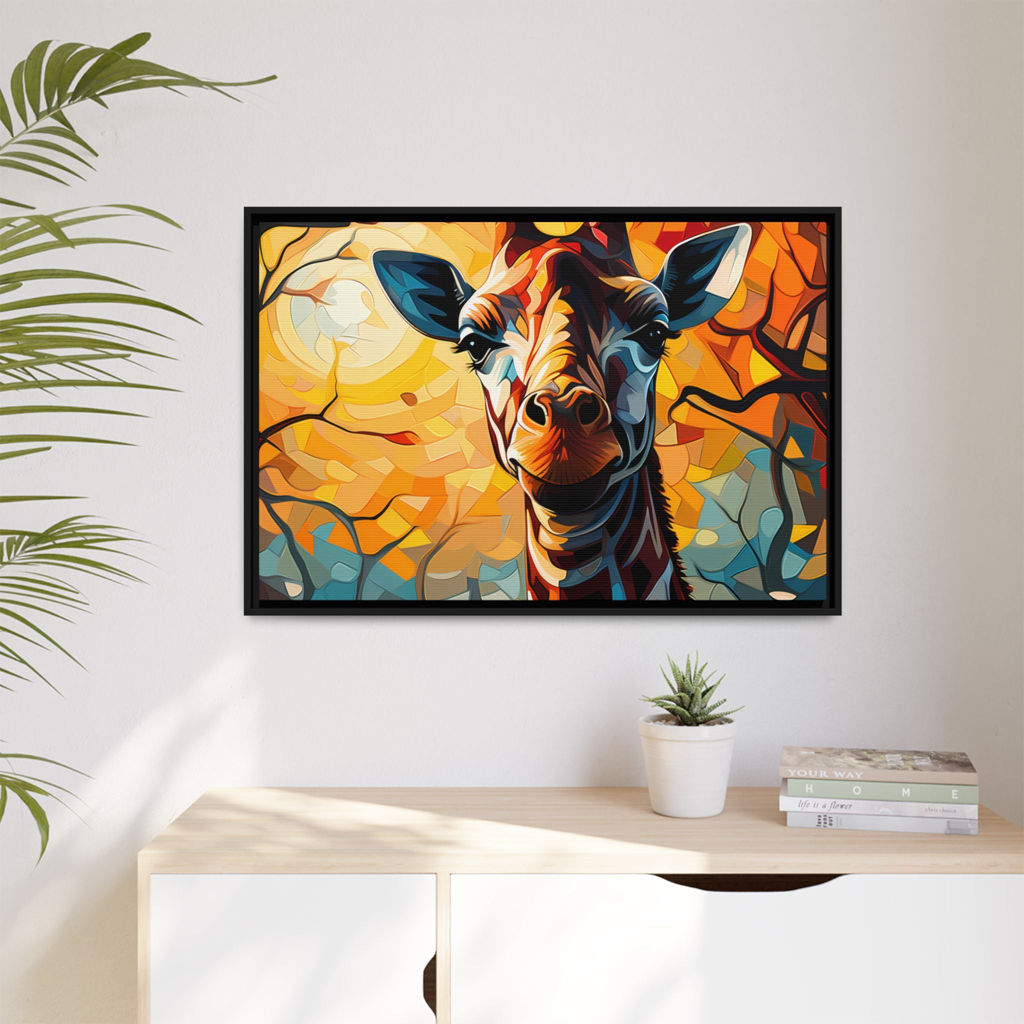 Serenity's Glow: Giraffe in Sunlit Forest (Giclée in Black Frame)