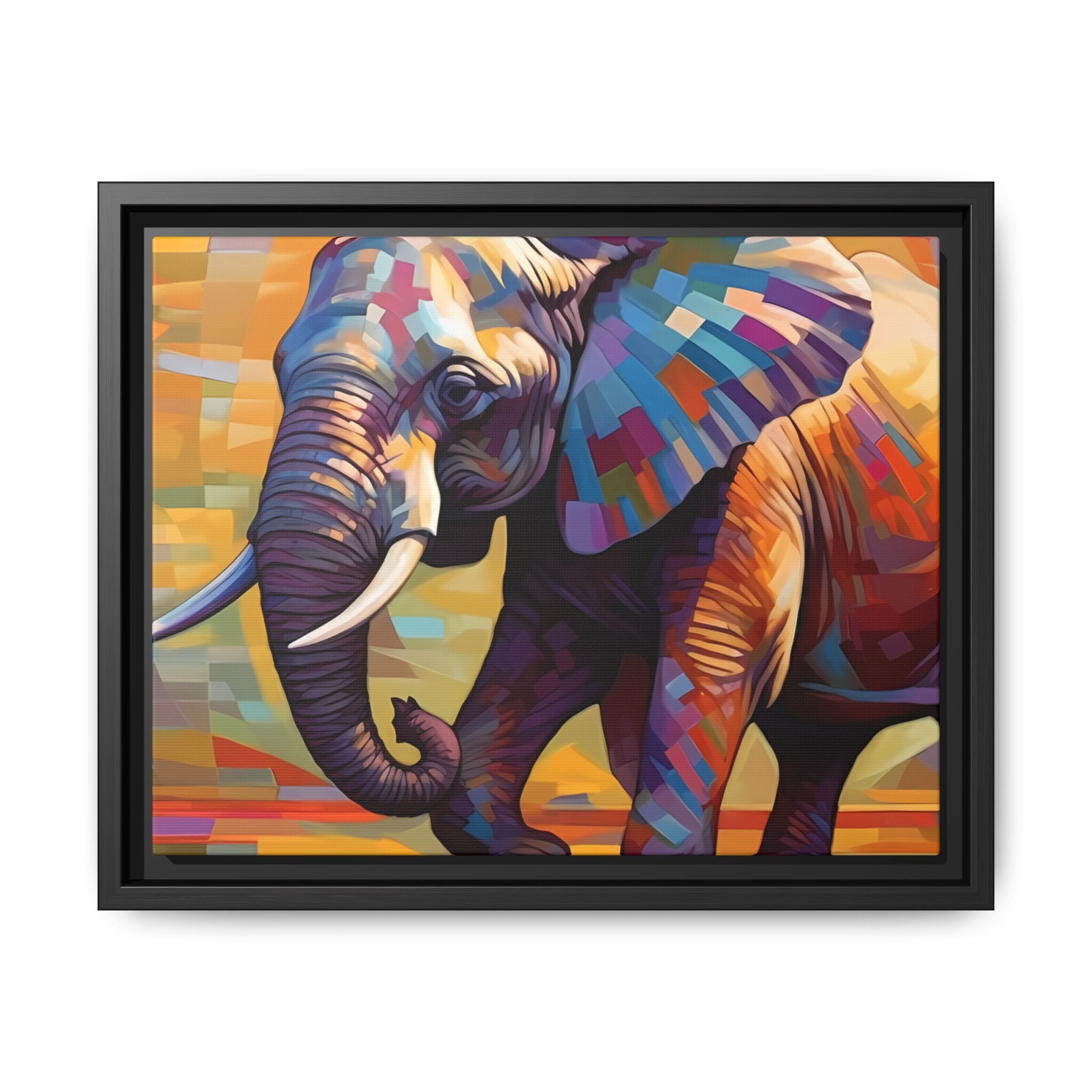 Whimsical Breezes:  "Elephant in a Colorful Wind", Giclée on Matte Canvas in Black Frame