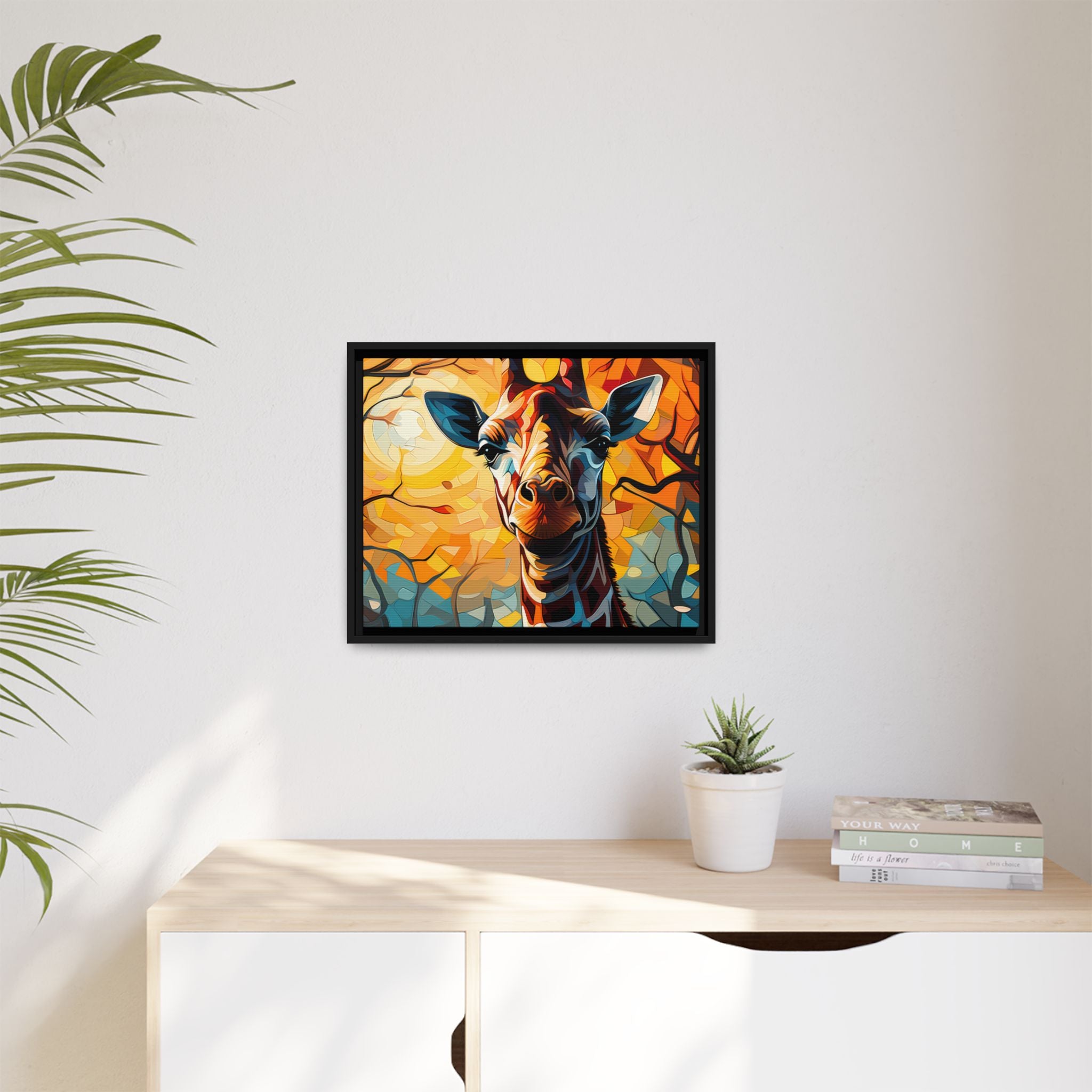 Serenity's Glow: Giraffe in Sunlit Forest (Giclée in Black Frame)