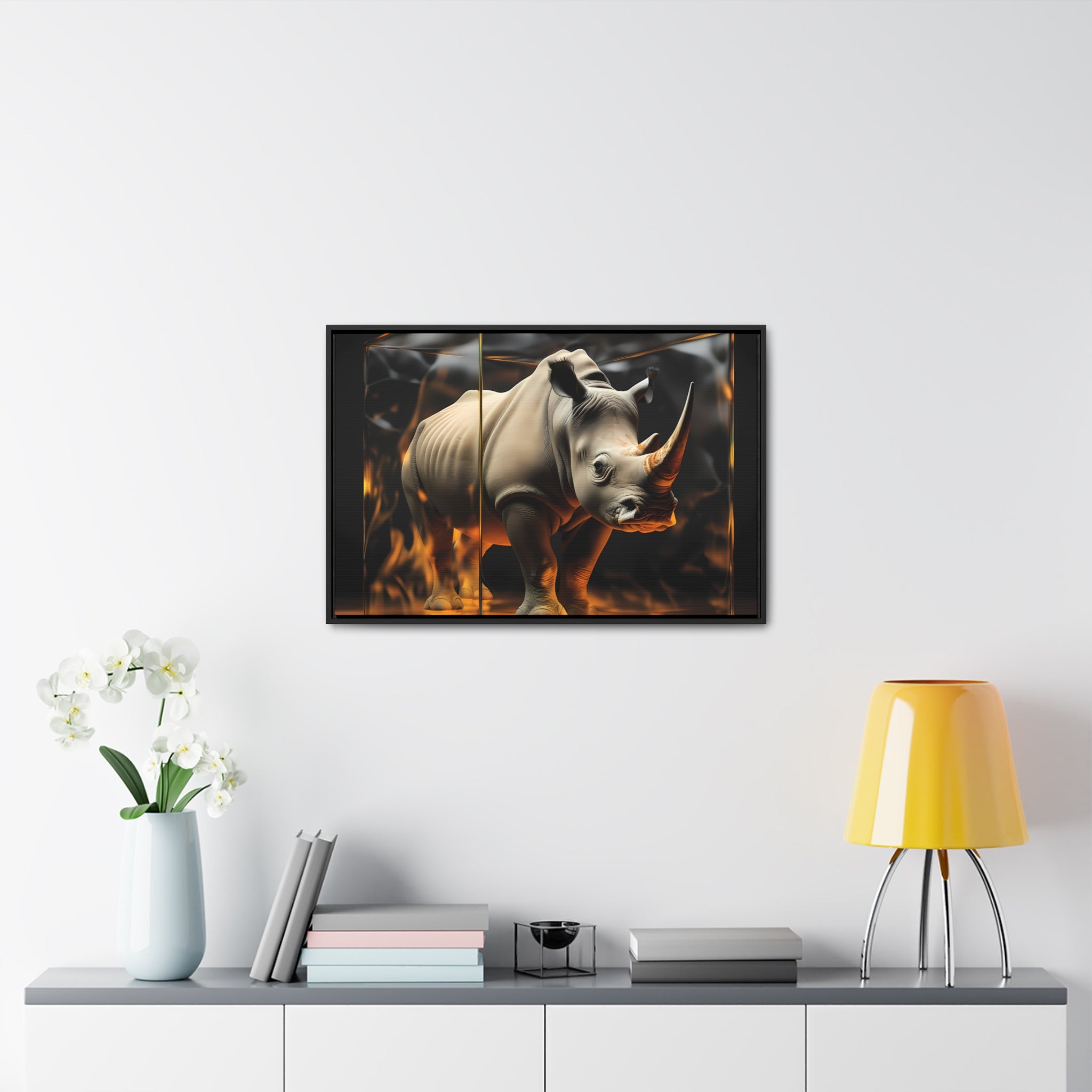 Frozen Flames: Stylized Rhino in Ice and Fire (Giclée)