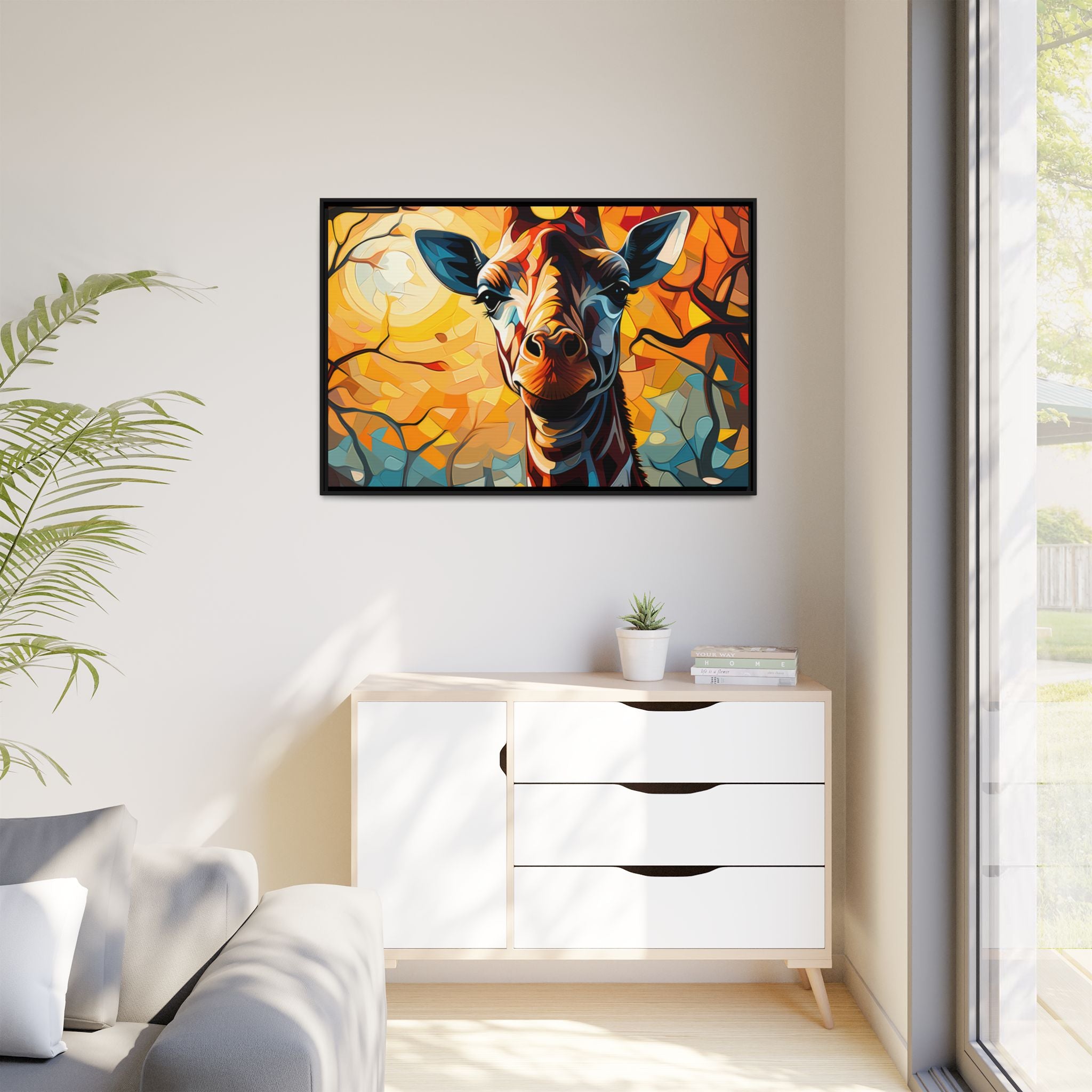 Serenity's Glow: Giraffe in Sunlit Forest (Giclée in Black Frame)