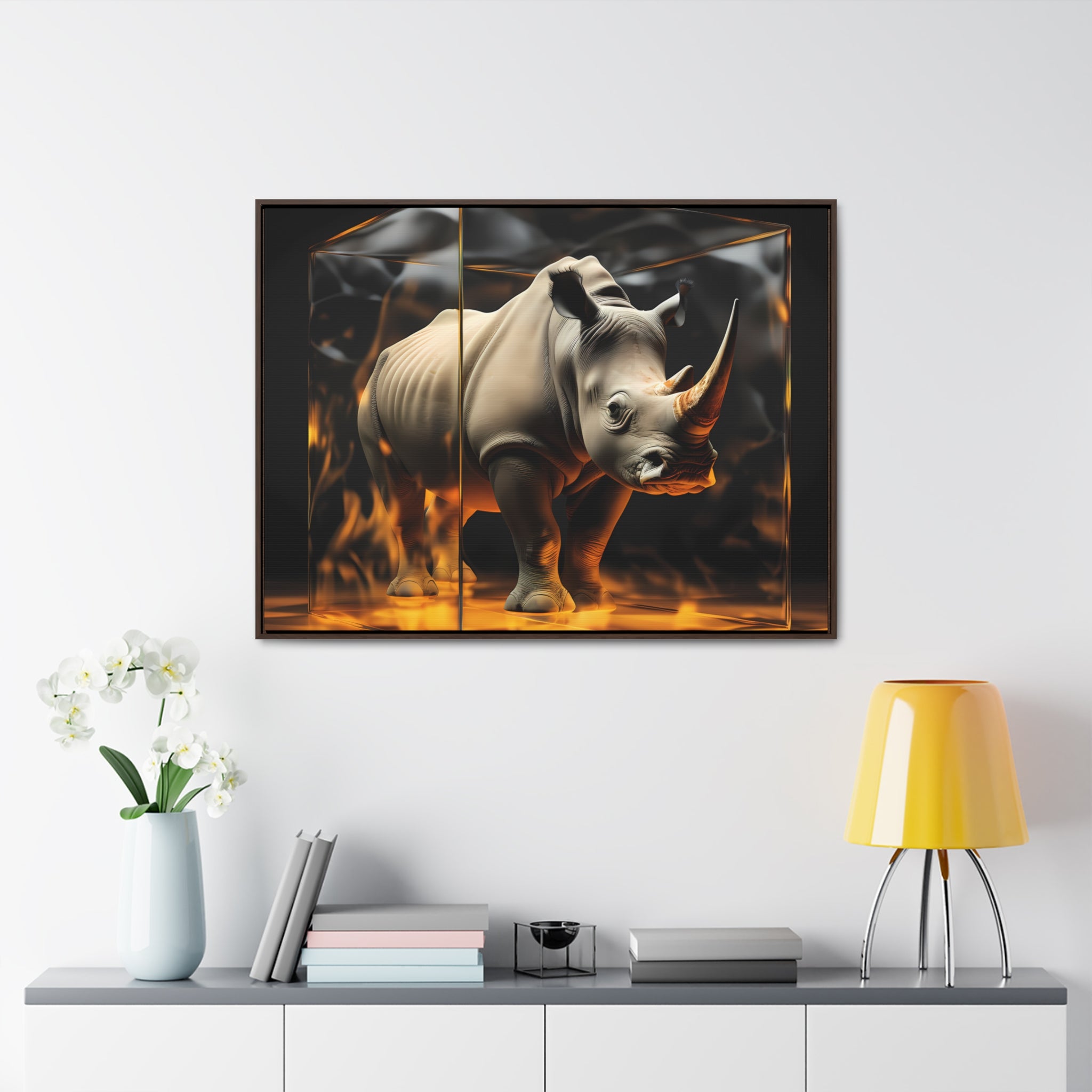 Frozen Flames: Stylized Rhino in Ice and Fire (Giclée)