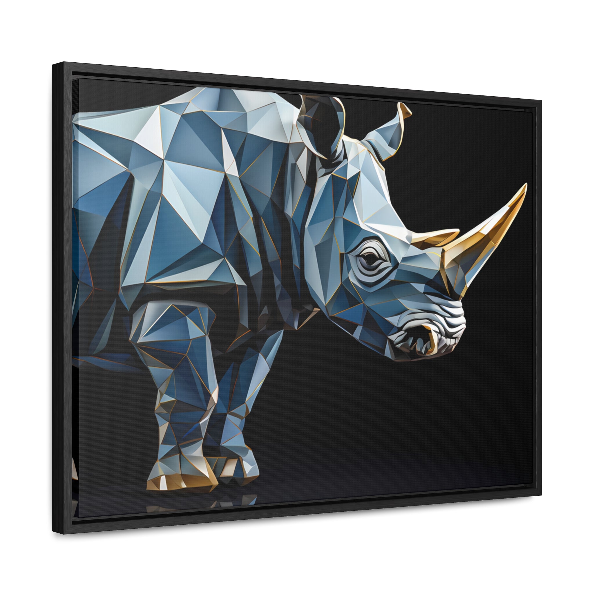 Transcendent Tusk: Blue Cubist Rhino, Giclée wrapped in dark frame