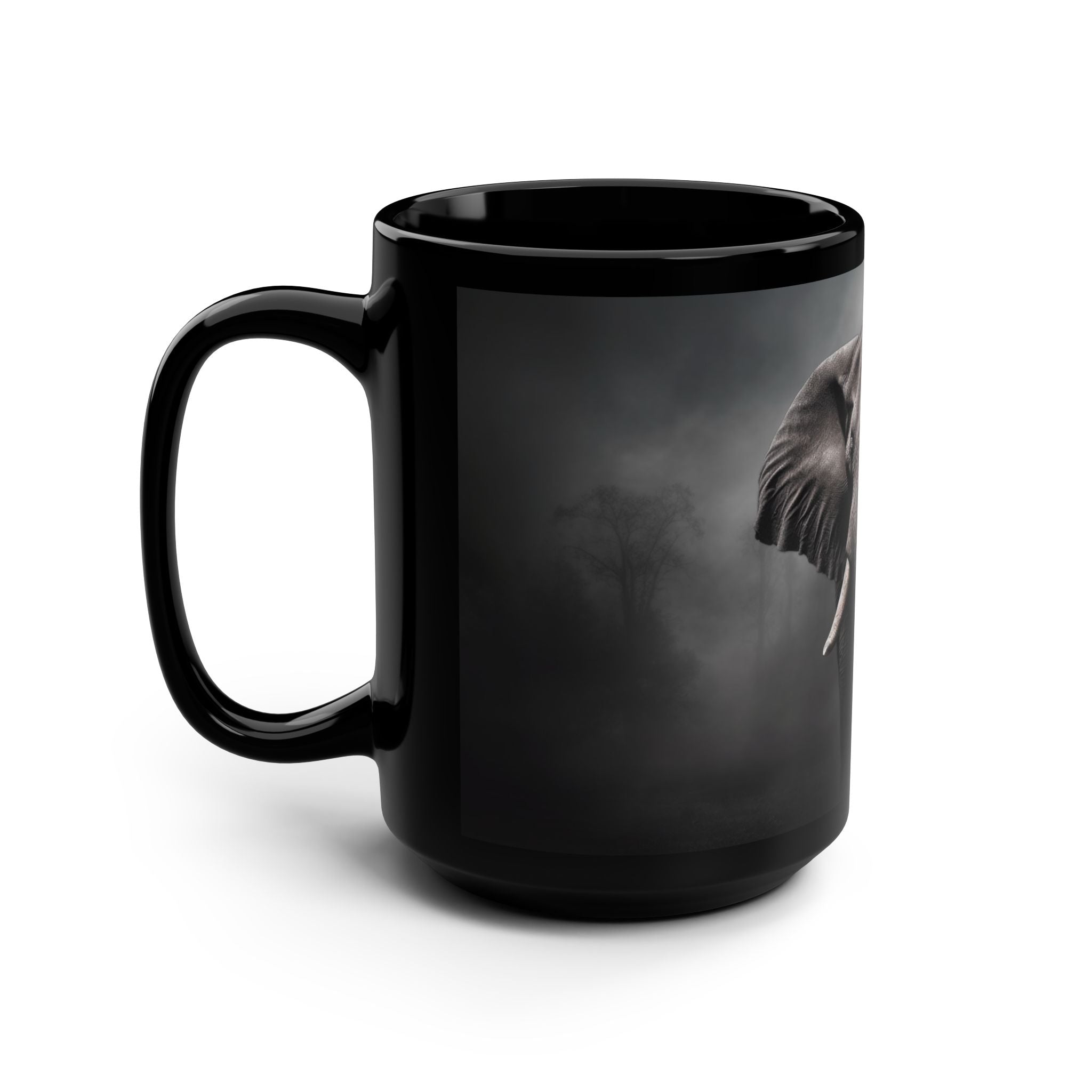 African Elephant Fading in the Mist, Black Mug, 15oz