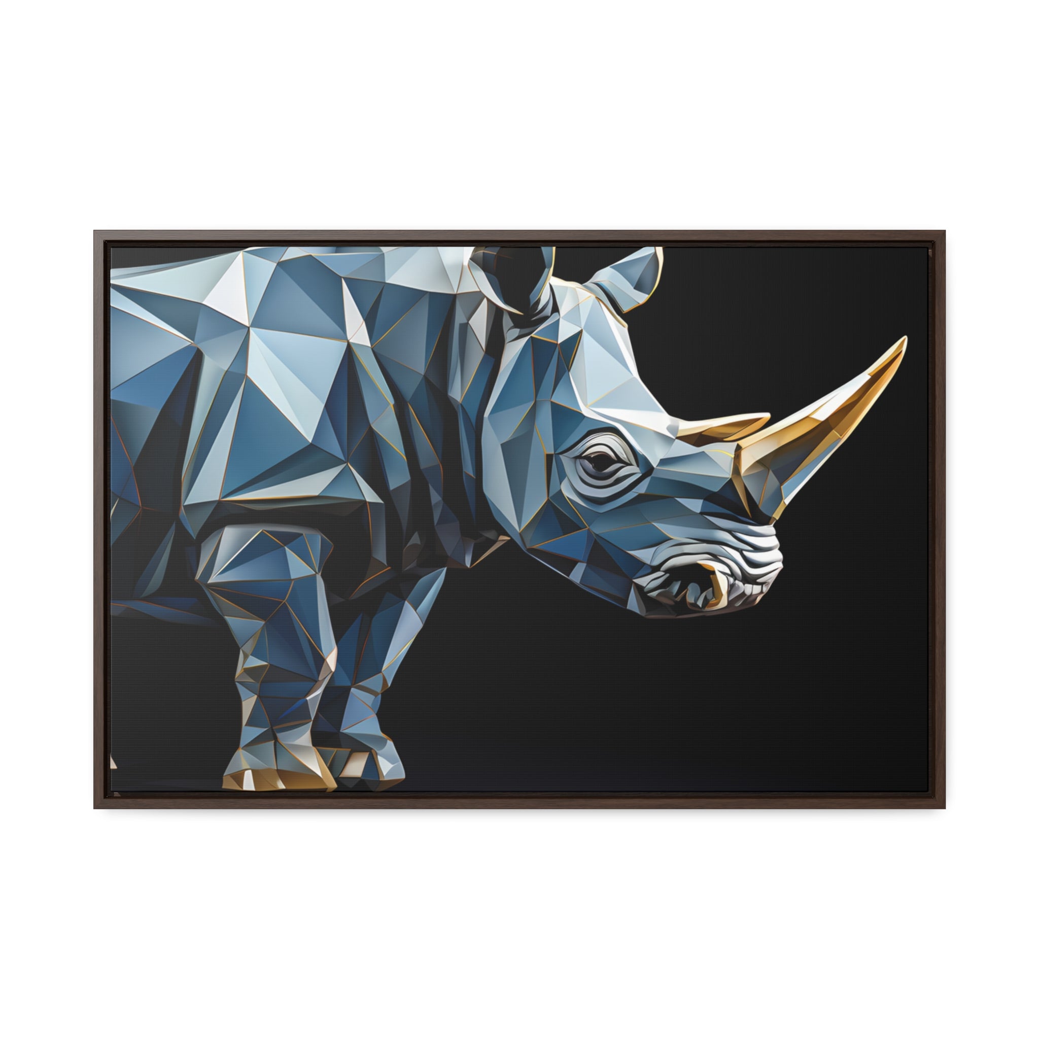 Transcendent Tusk: Blue Cubist Rhino, Giclée wrapped in dark frame