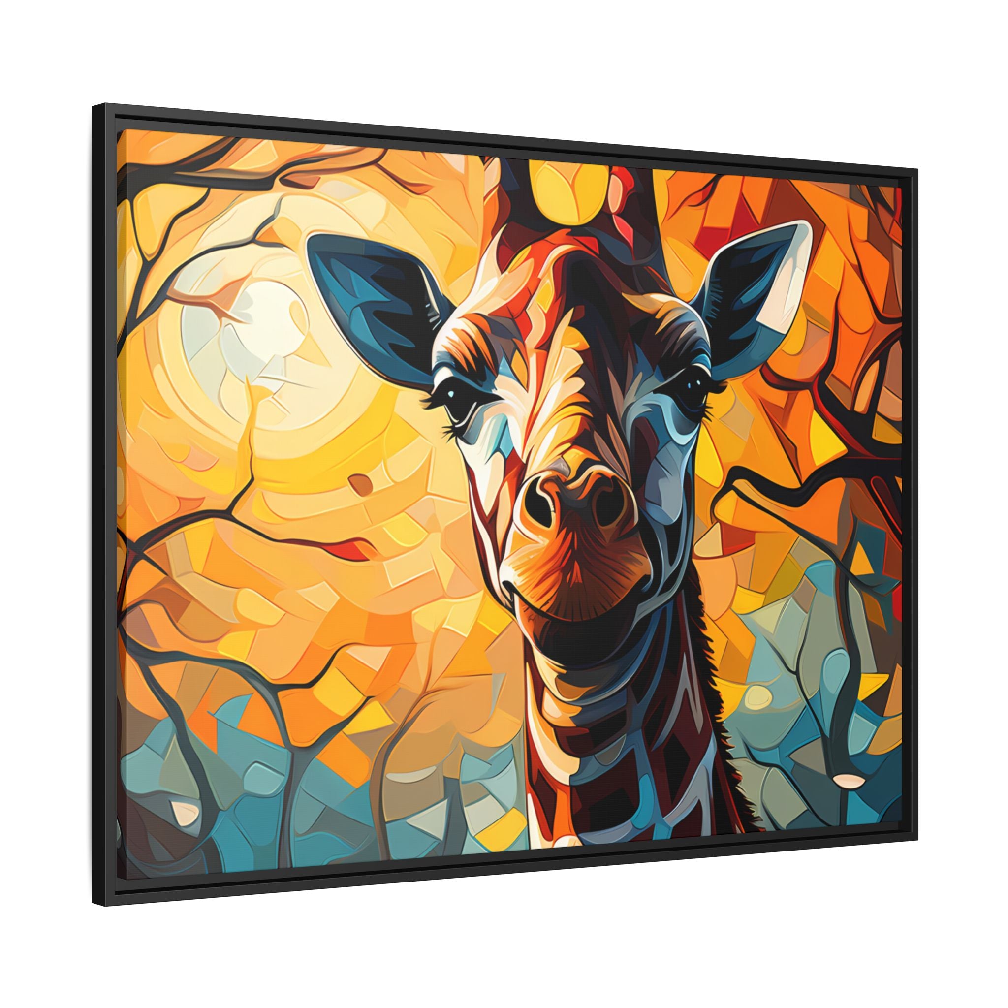 Serenity's Glow: Giraffe in Sunlit Forest (Giclée in Black Frame)