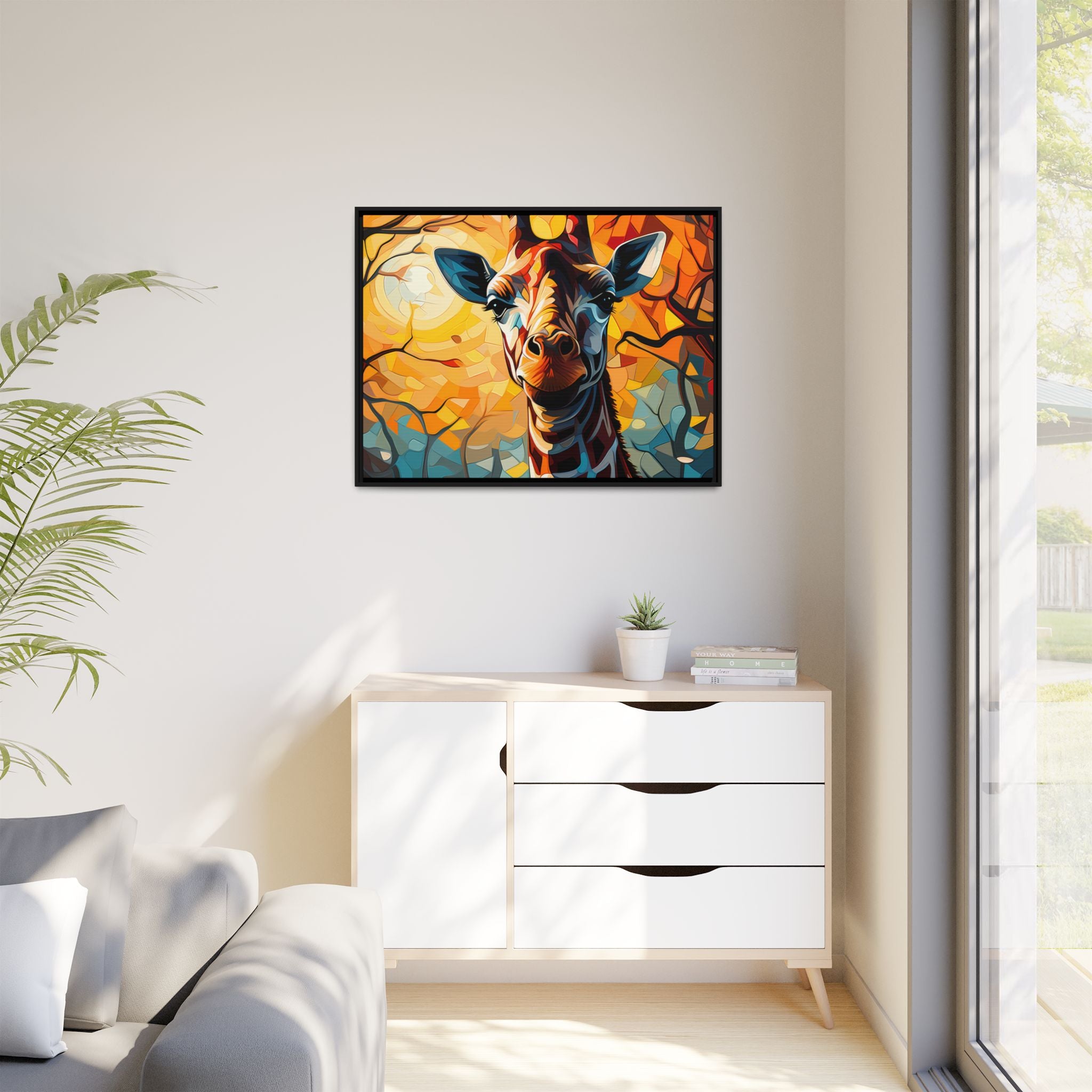 Serenity's Glow: Giraffe in Sunlit Forest (Giclée in Black Frame)