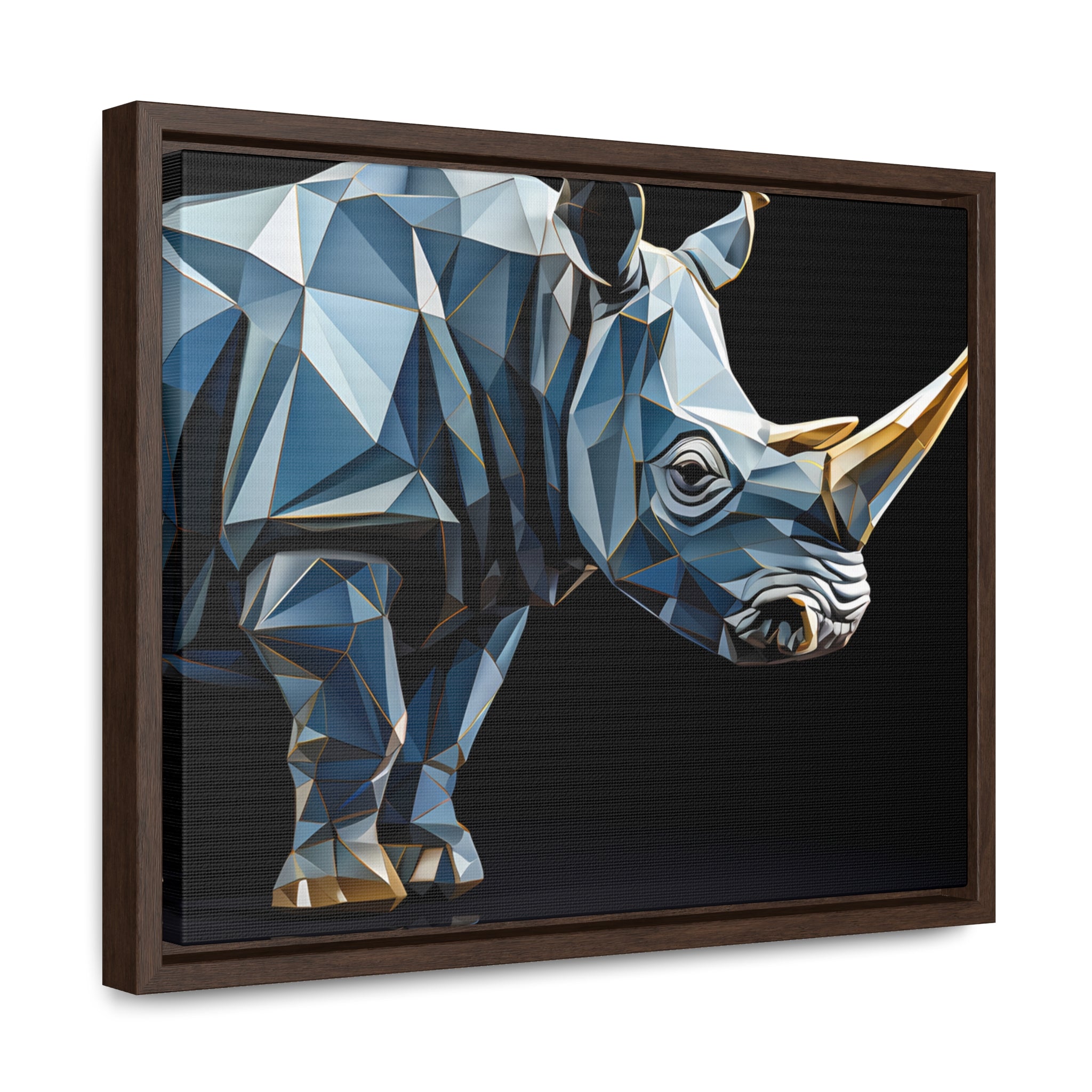 Transcendent Tusk: Blue Cubist Rhino, Giclée wrapped in dark frame