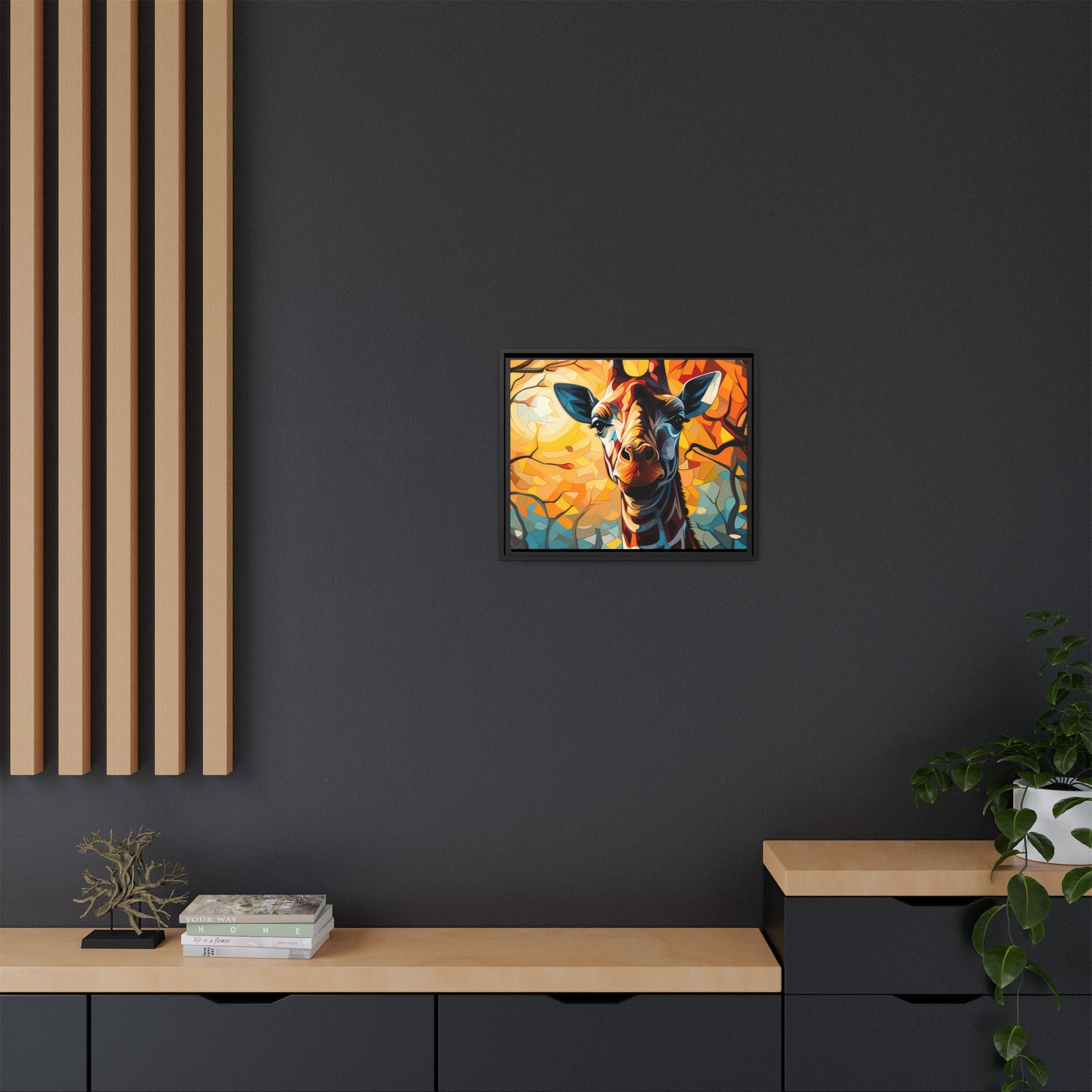 Serenity's Glow: Giraffe in Sunlit Forest (Giclée in Black Frame)