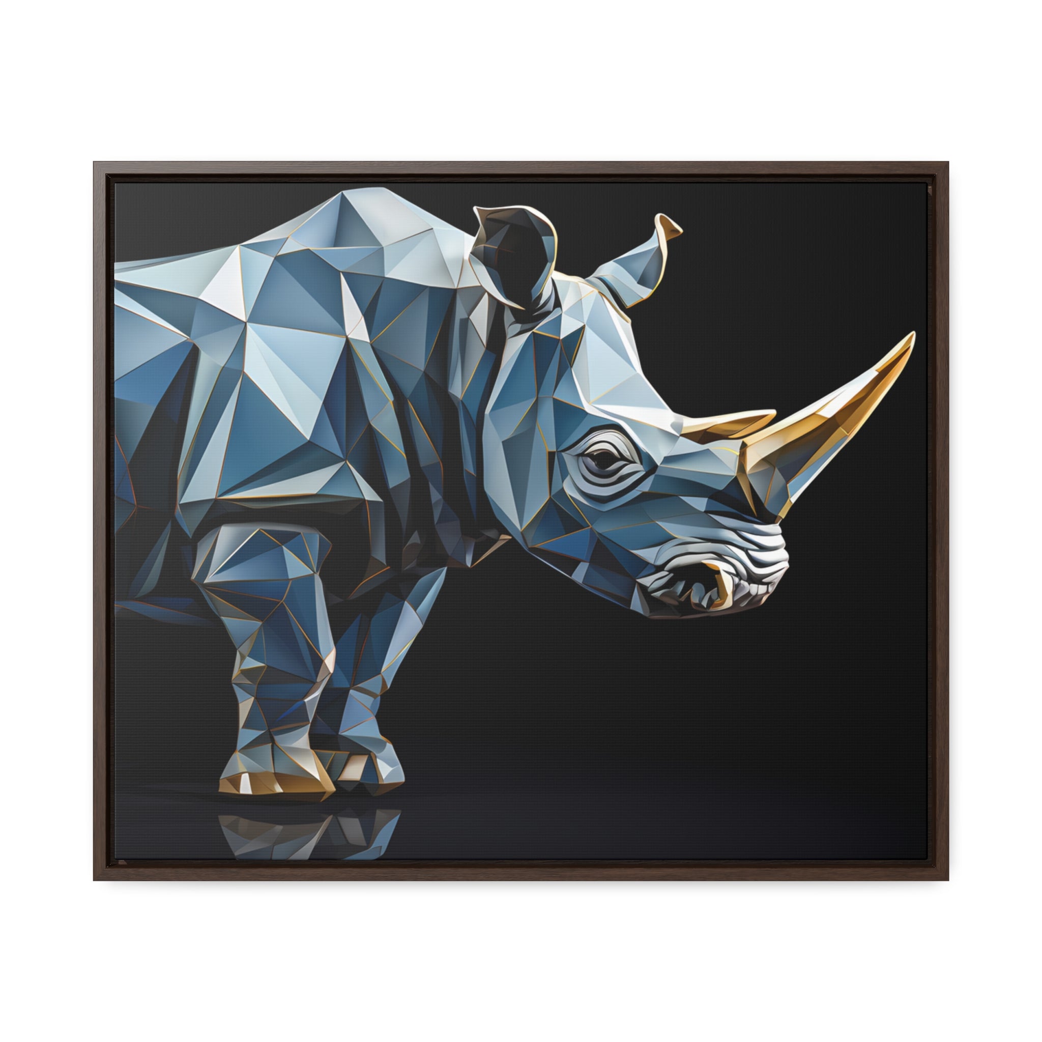 Transcendent Tusk: Blue Cubist Rhino, Giclée wrapped in dark frame