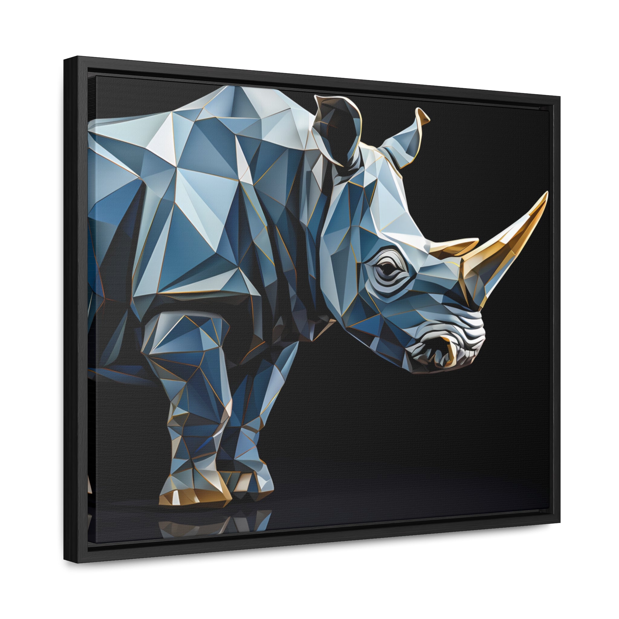 Transcendent Tusk: Blue Cubist Rhino, Giclée wrapped in dark frame