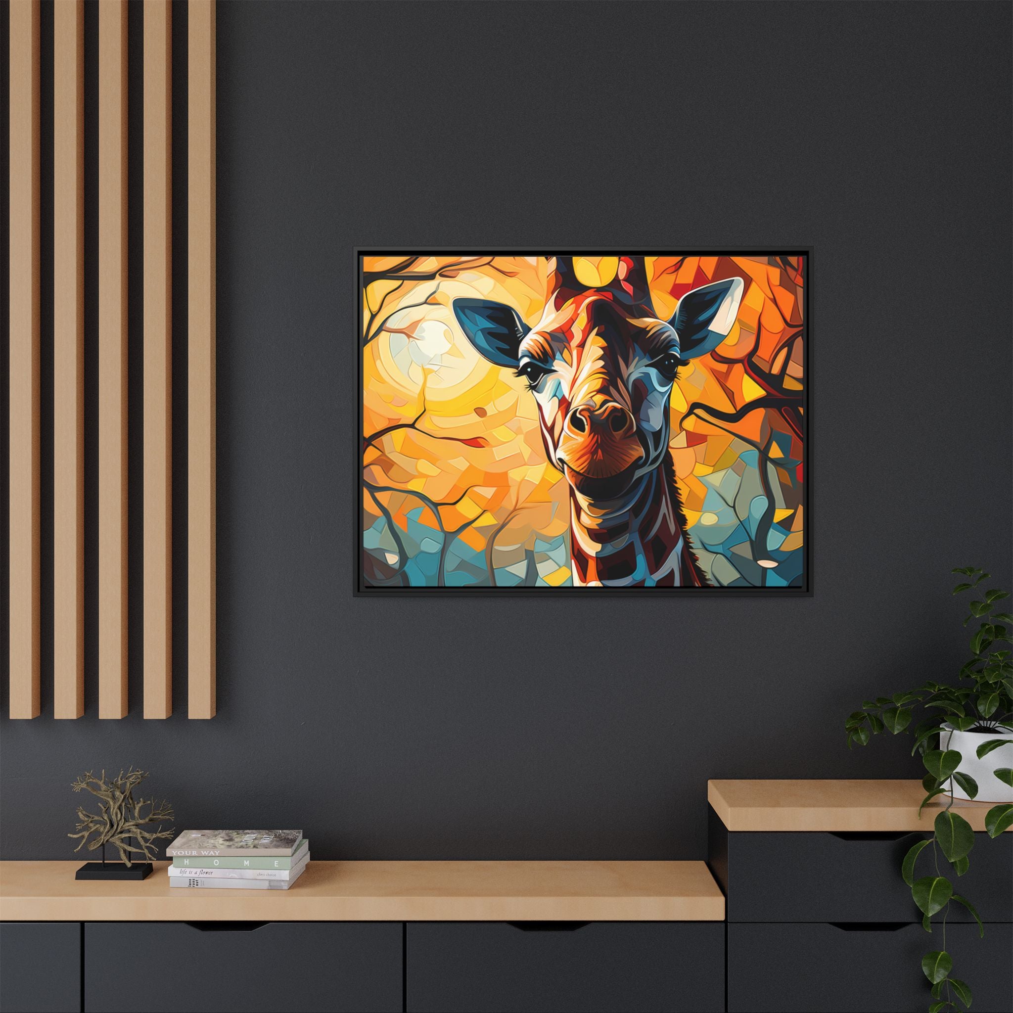 Serenity's Glow: Giraffe in Sunlit Forest (Giclée in Black Frame)